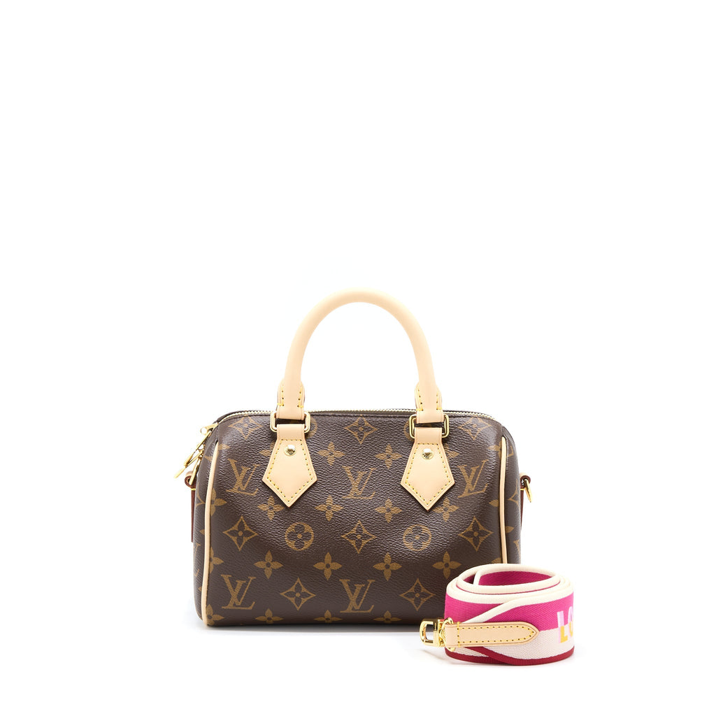 LOUIS VUITTON SPEEDY BANDOULIERE 20 MONOGRAM CANVAS WITH FUCHSIA STRAP GHW
