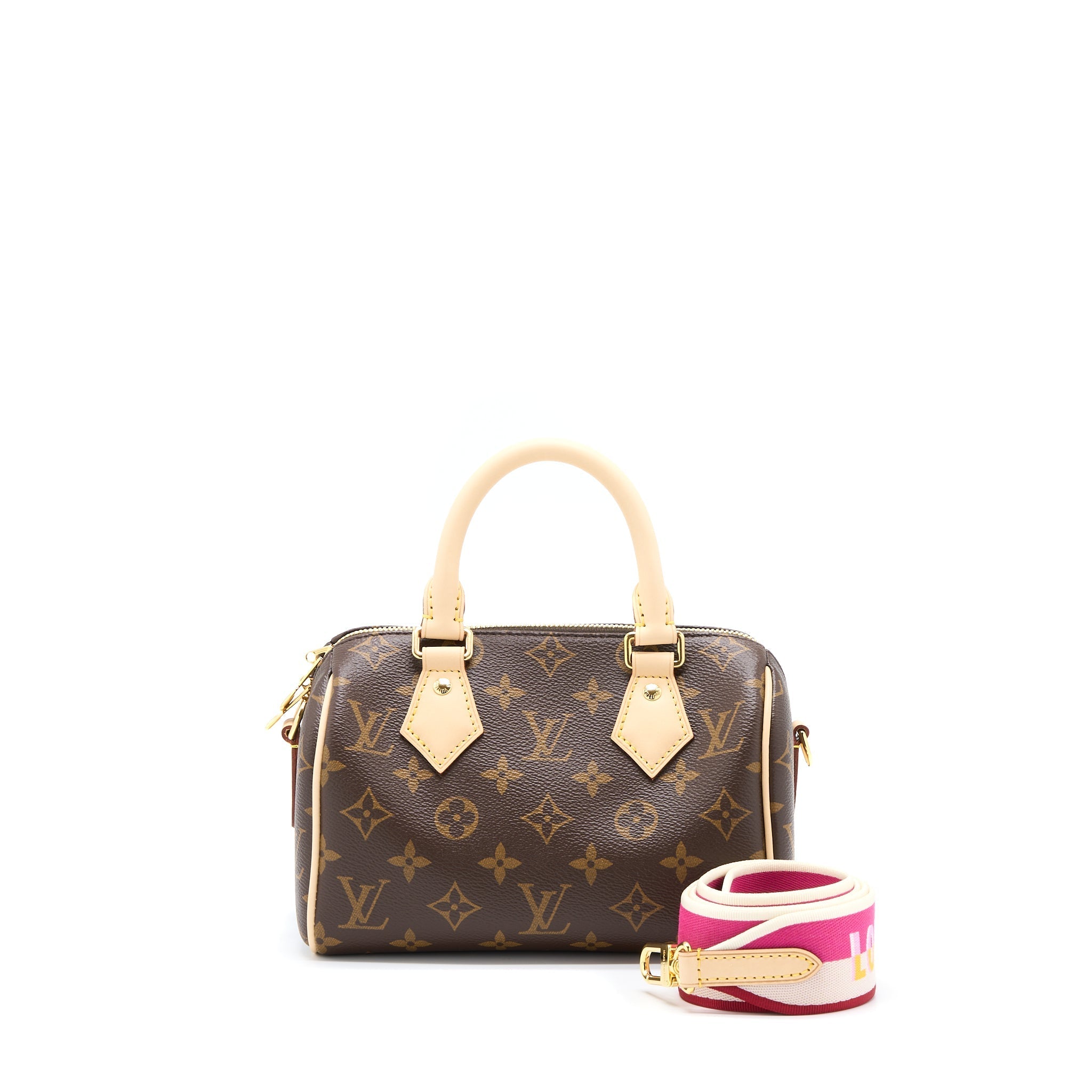 LOUIS VUITTON SPEEDY BANDOULIERE 20 MONOGRAM CANVAS WITH FUCHSIA STRAP GHW