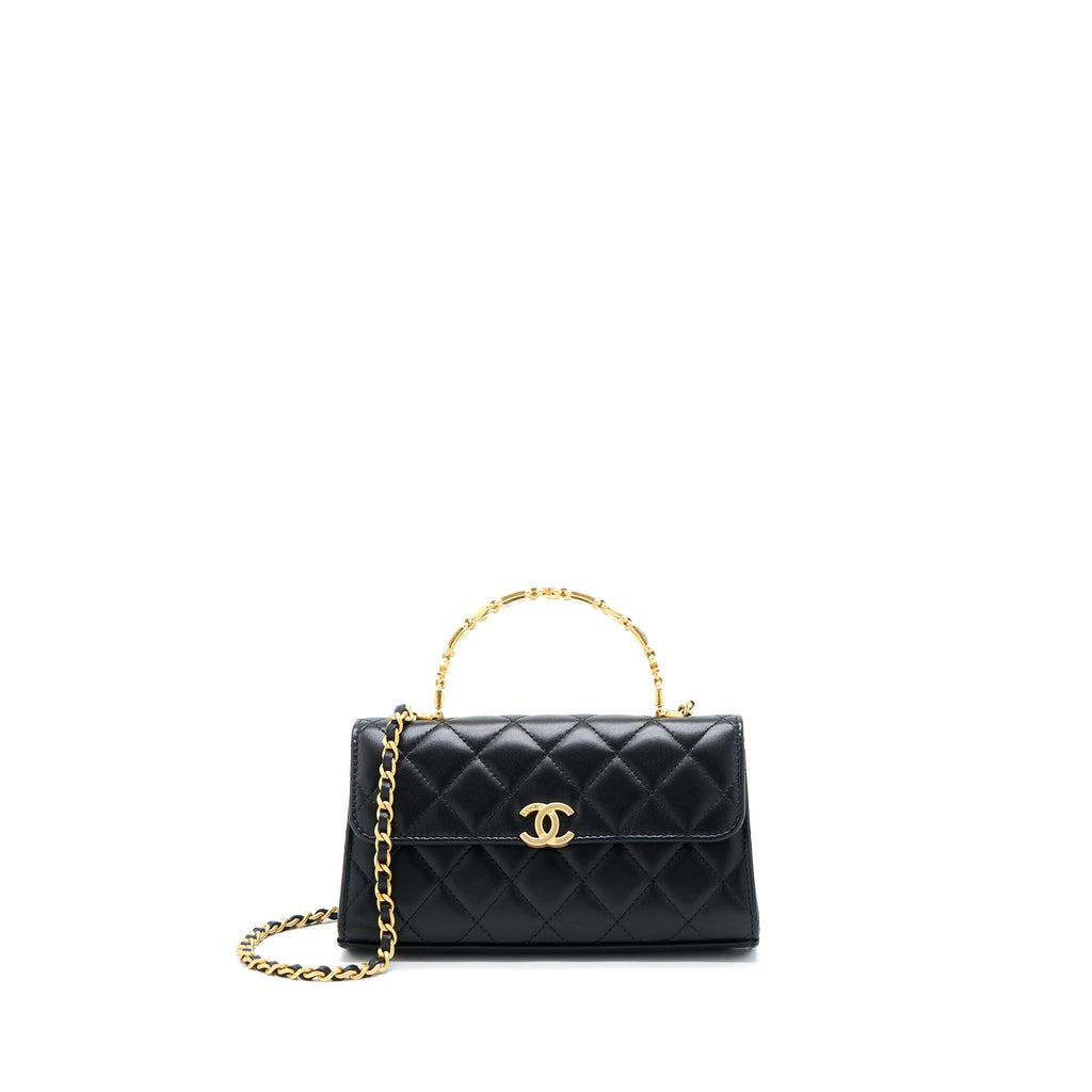 CHANEL 22B FLAP BAG WITH ENAMEL TOP HANDLE LAMBSKIN BLACK GHW