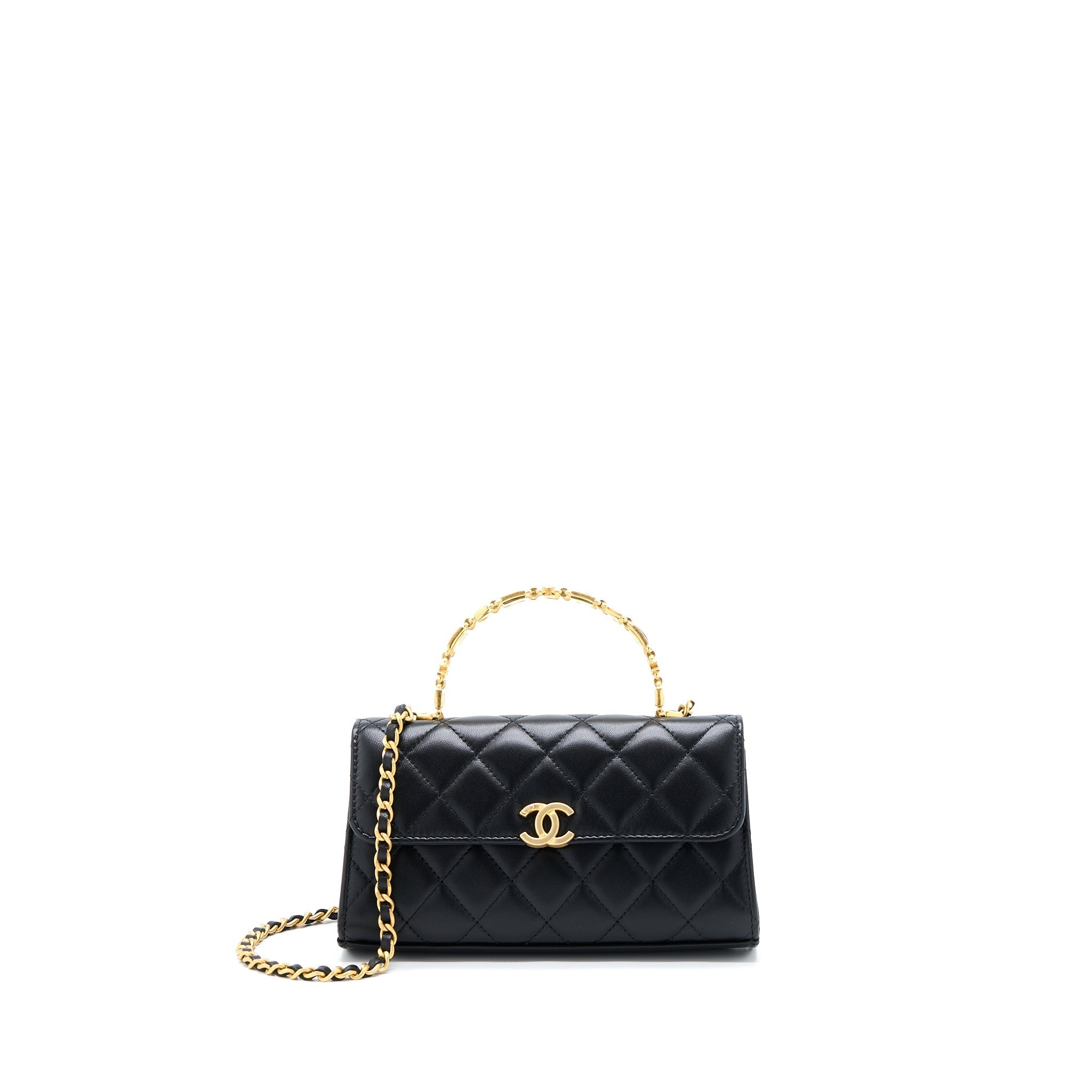 CHANEL 22B FLAP BAG WITH ENAMEL TOP HANDLE LAMBSKIN BLACK GHW