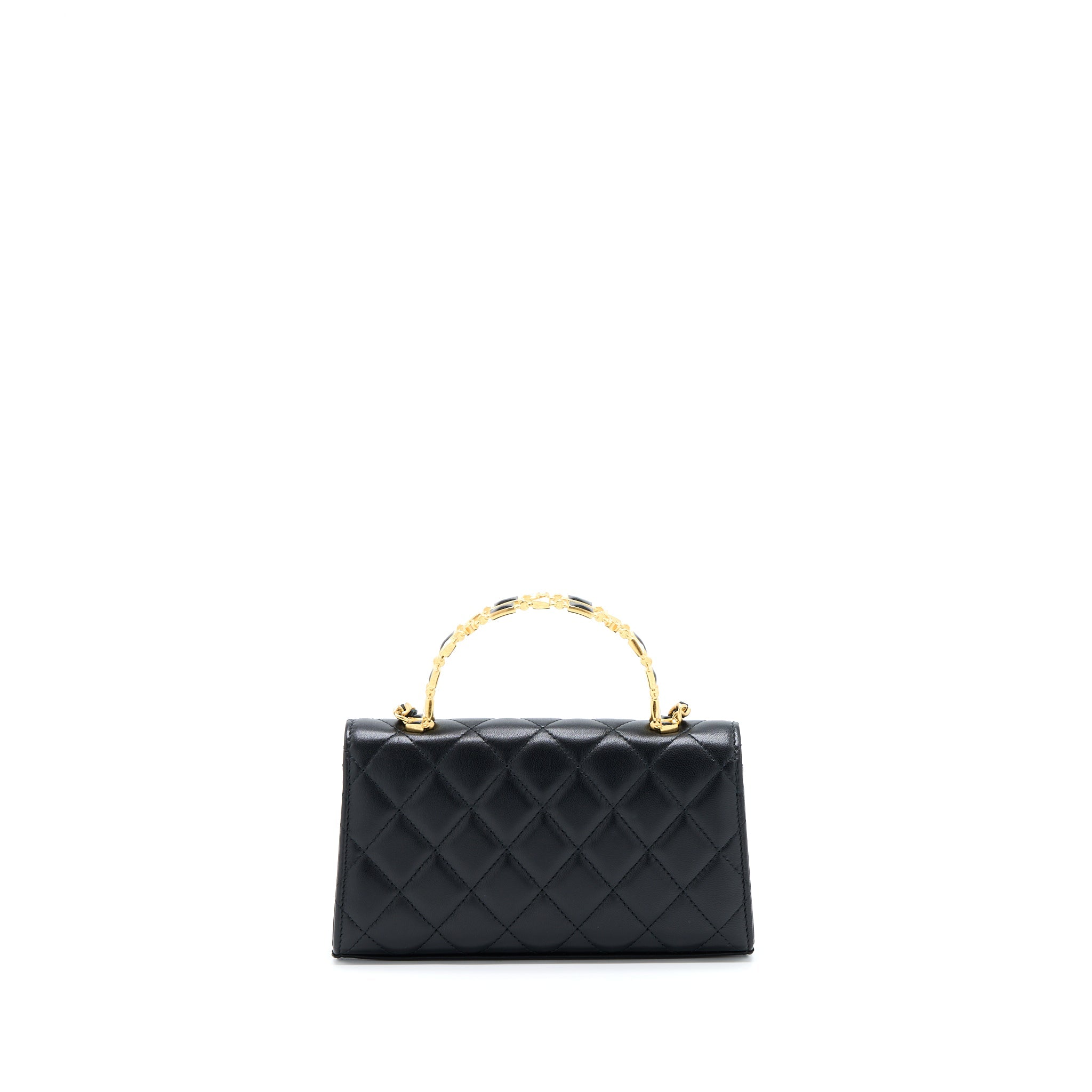 CHANEL 22B FLAP BAG WITH ENAMEL TOP HANDLE LAMBSKIN BLACK GHW