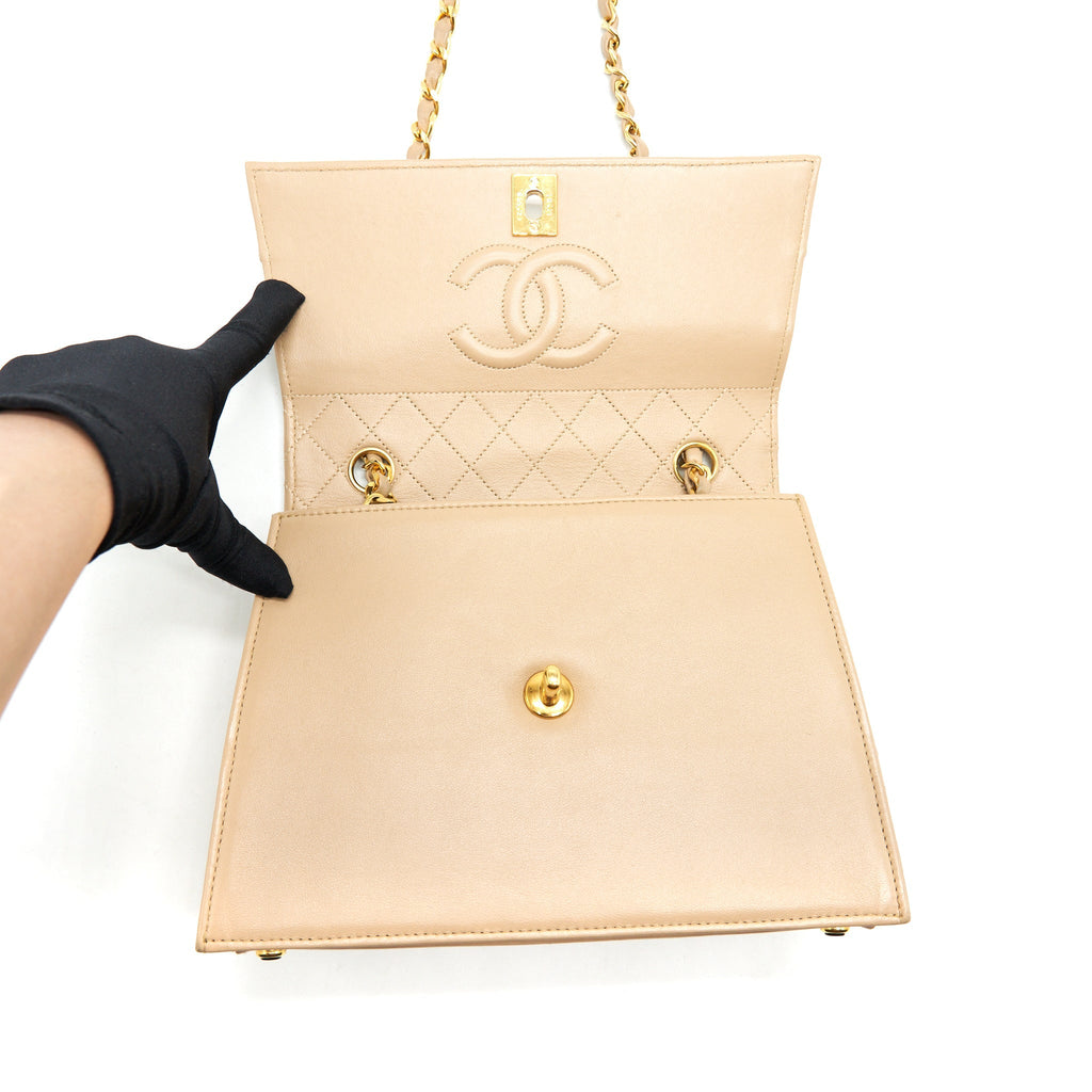 CHANEL VINTAGE SINGLE FLAP BAG CROSS BODY LAMBSKIN BEIGE GHW