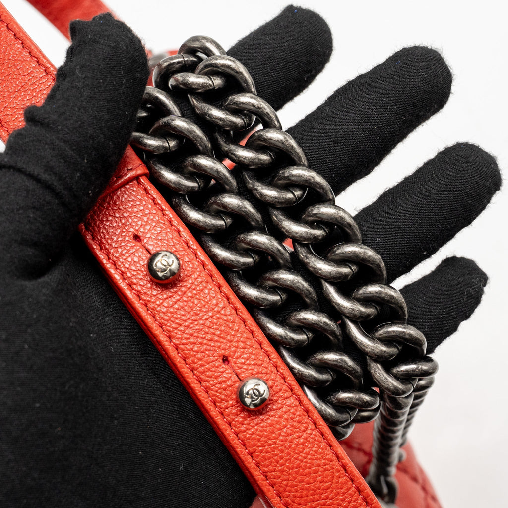 CHANEL QUILTED MEDIUM BOY BAG CALFSKIN RED RUTHENIUM SILVER HARDWARE