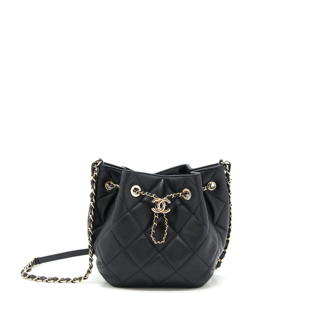 CHANEL DRAWSTRING BUCKET BAG QUILTED LAMBSKIN BLACK LGHW