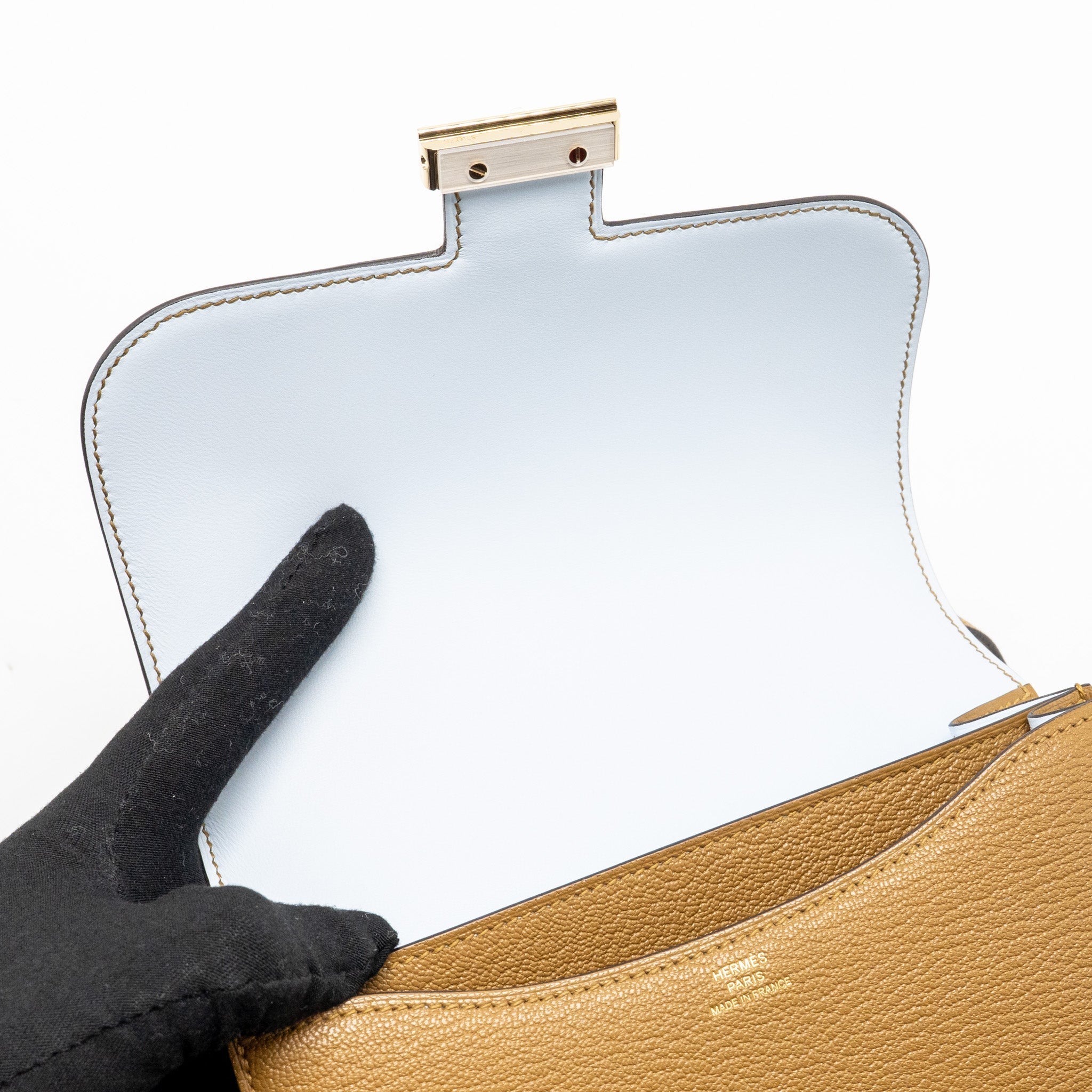 HERMES MINI CONSTANCE CHEVRE MYSORE KRAFT/BLEU BRUME GHW