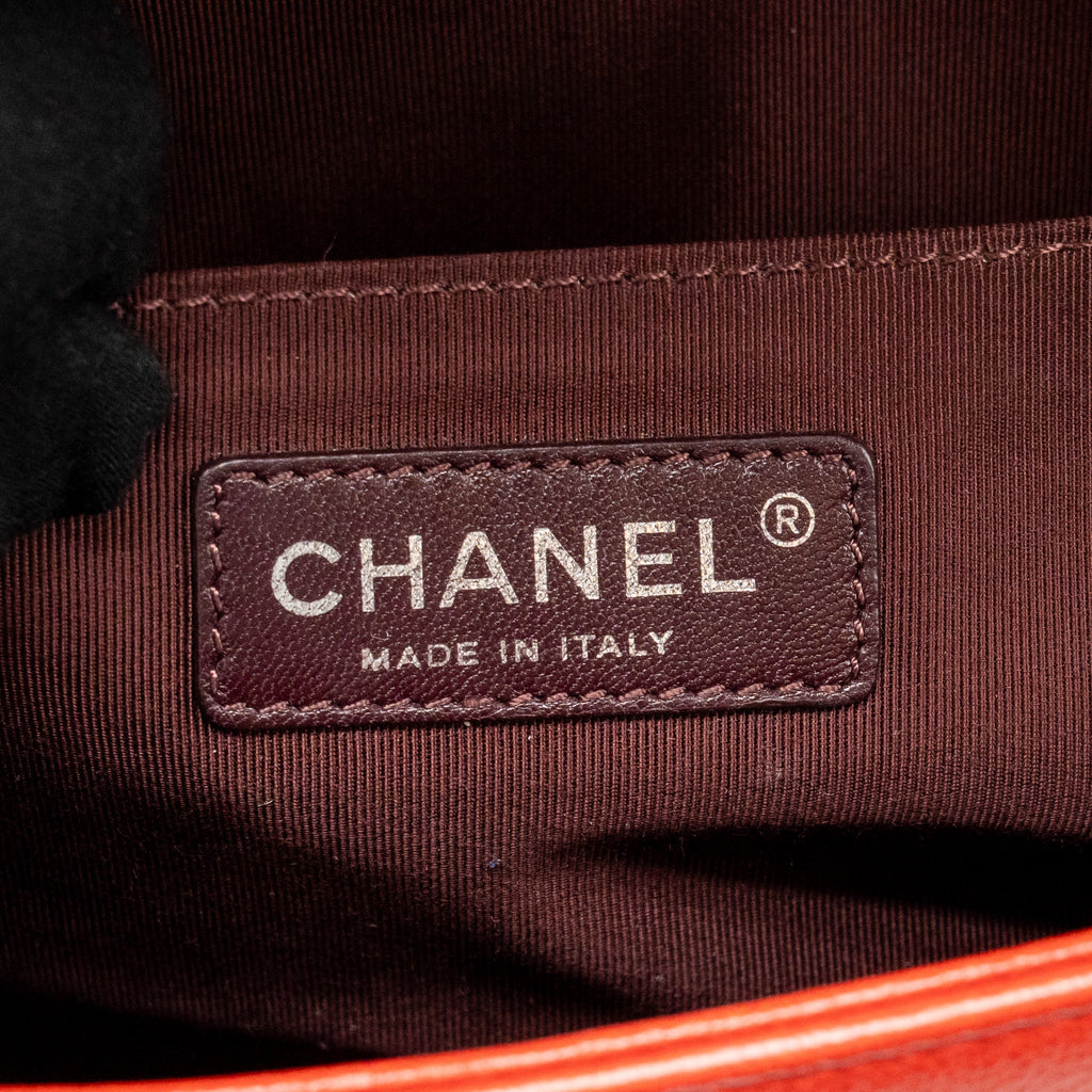 CHANEL QUILTED MEDIUM BOY BAG CALFSKIN RED RUTHENIUM SILVER HARDWARE