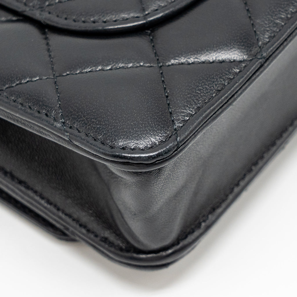 CHANEL PEARL CRUSH WALLET ON CHAIN LAMBSKIN BLACK GHW (MICROCHIP)