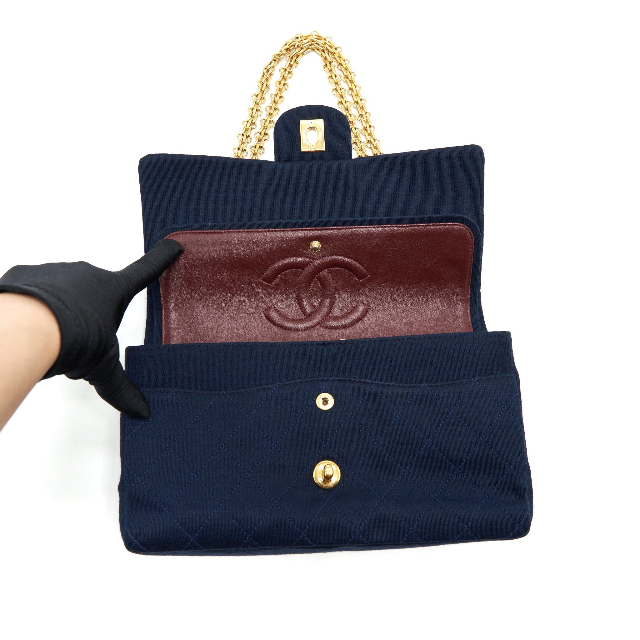 CHANEL VINTAGE MEDIUM CLASSIC DOUBLE FLAP BAG FABRIC NAVY GHW