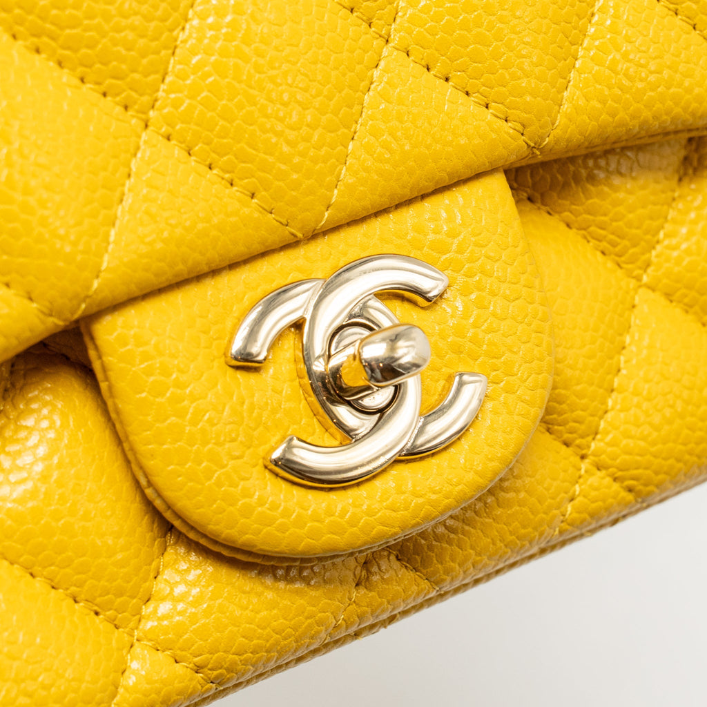 CHANEL CLASSIC MINI SQUARE FLAP BAG CAVIAR YELLOW LGHW