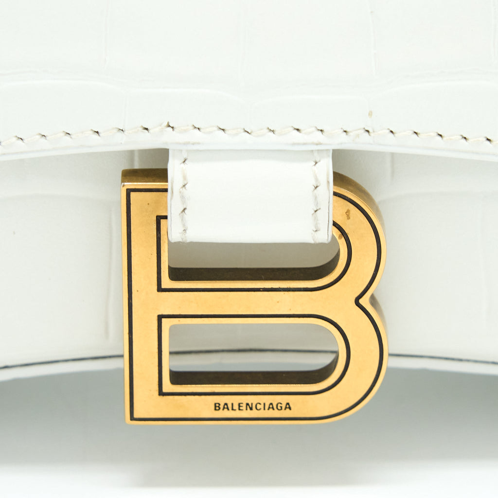 BALENCIAGA HOURGLASS XS CROC EMBOSSED CALFSKIN WHITE GHW