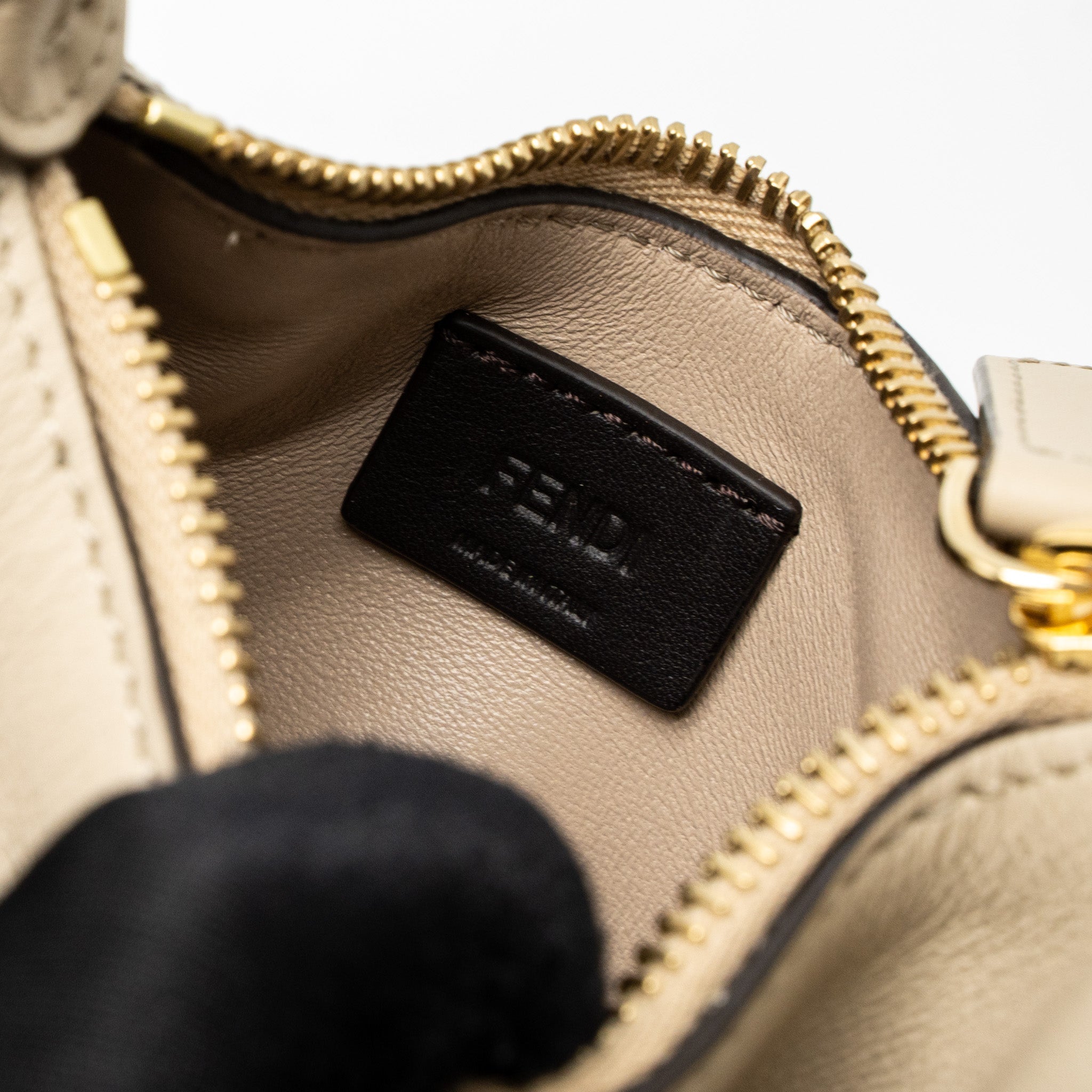 FENDI NANO FENDIGRAPHY LEATHER CHARM CALFSKIN BEIGE GHW