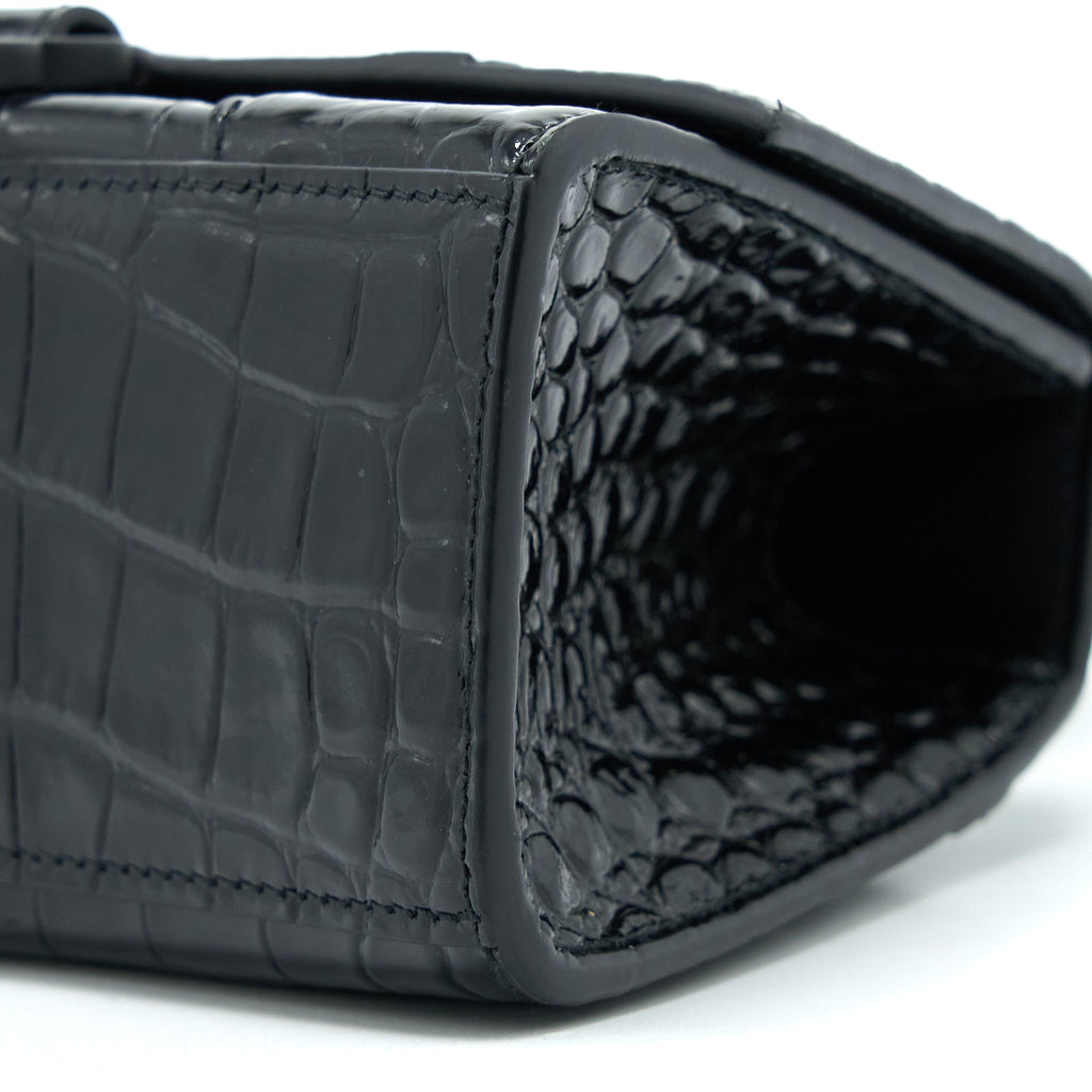 BALENCIAGA HOURGLASS XS CROC-EMBOSSED LEATHER BLACK WITH BLACK HARDWARE