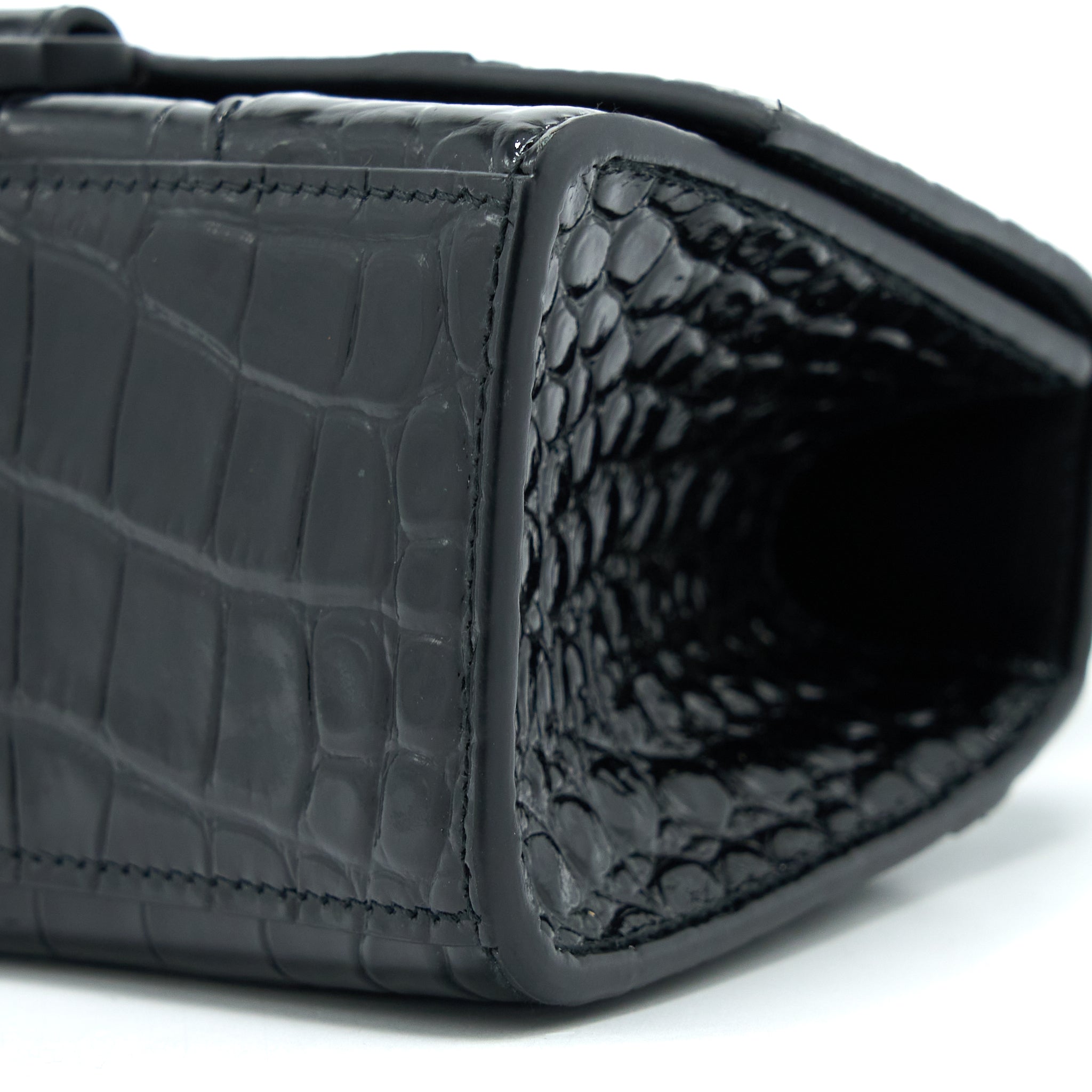 BALENCIAGA HOURGLASS XS CROC-EMBOSSED LEATHER BLACK WITH BLACK HARDWARE