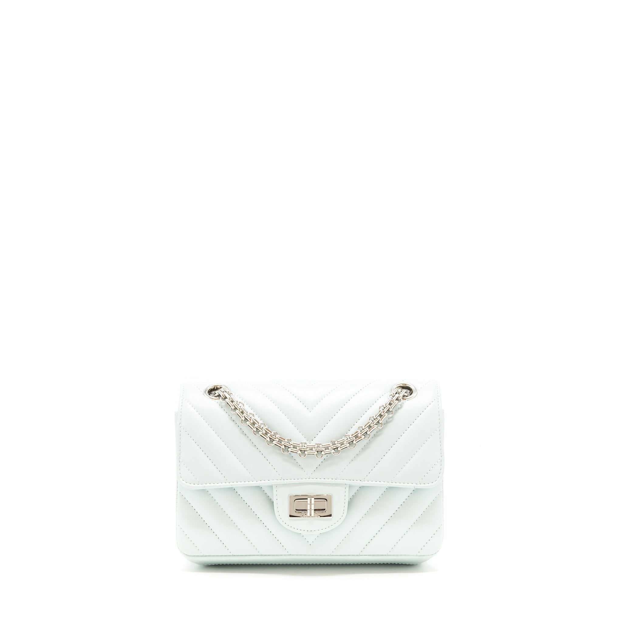 CHANEL CHEVRON MINI 2.55 REISSUE FLAP BAG CALFSKIN LIGHT BLUE SHW