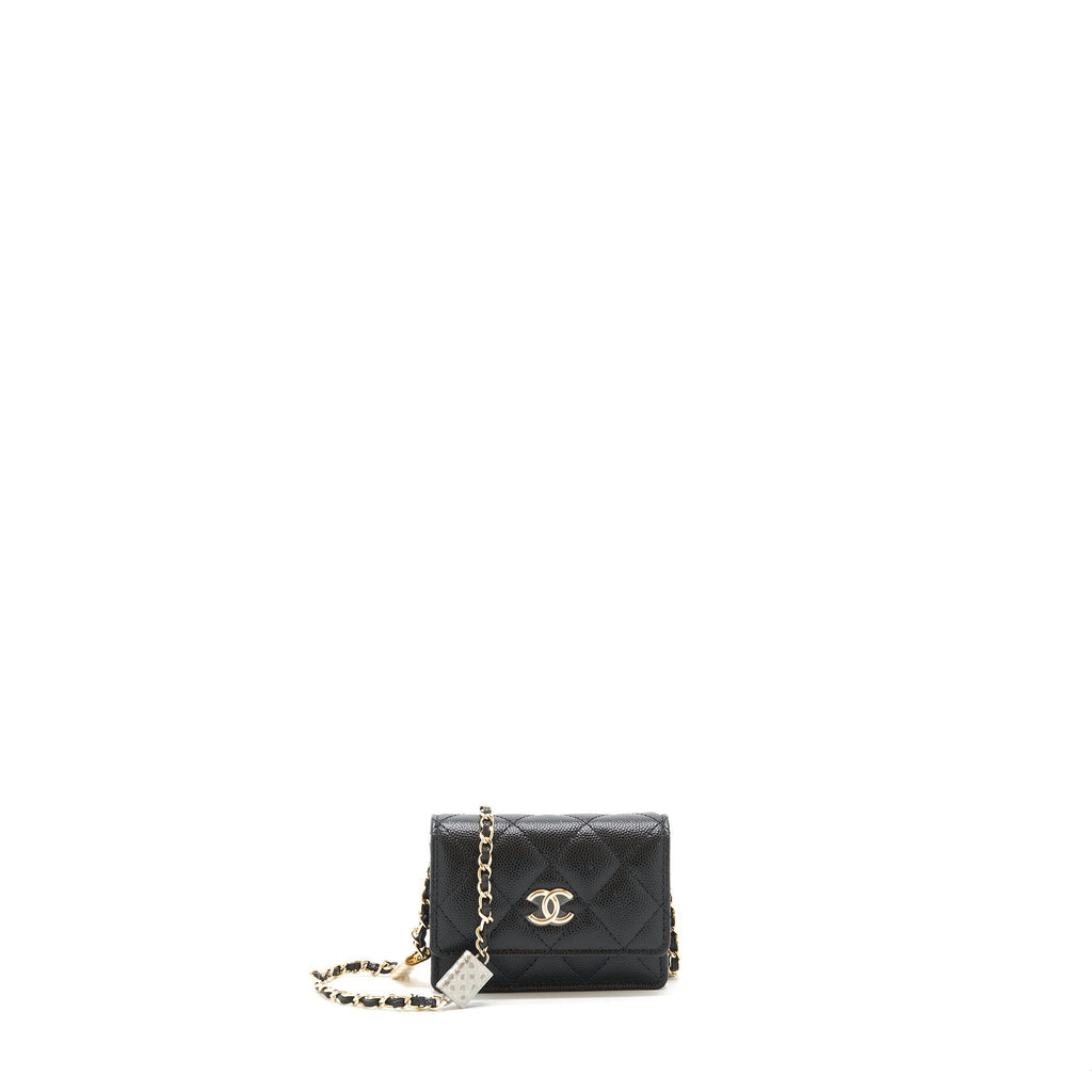 CHANEL CAVIAR CARD HOLER WITH CHAIN AND BAG CHARM BLACK LGHW