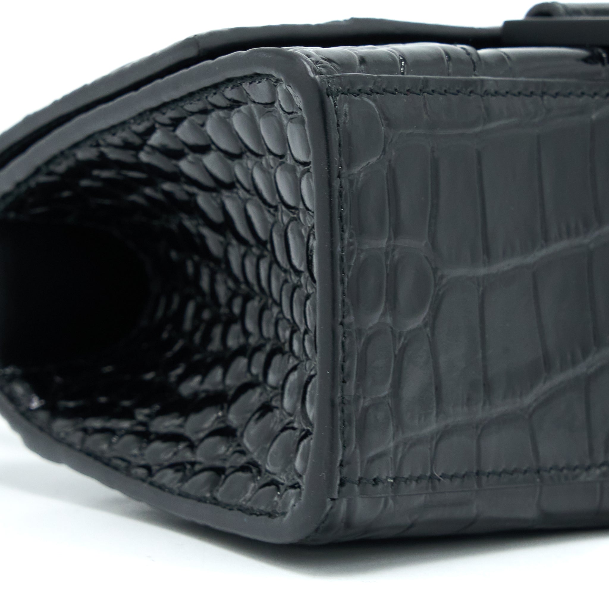 BALENCIAGA HOURGLASS XS CROC-EMBOSSED LEATHER BLACK WITH BLACK HARDWARE