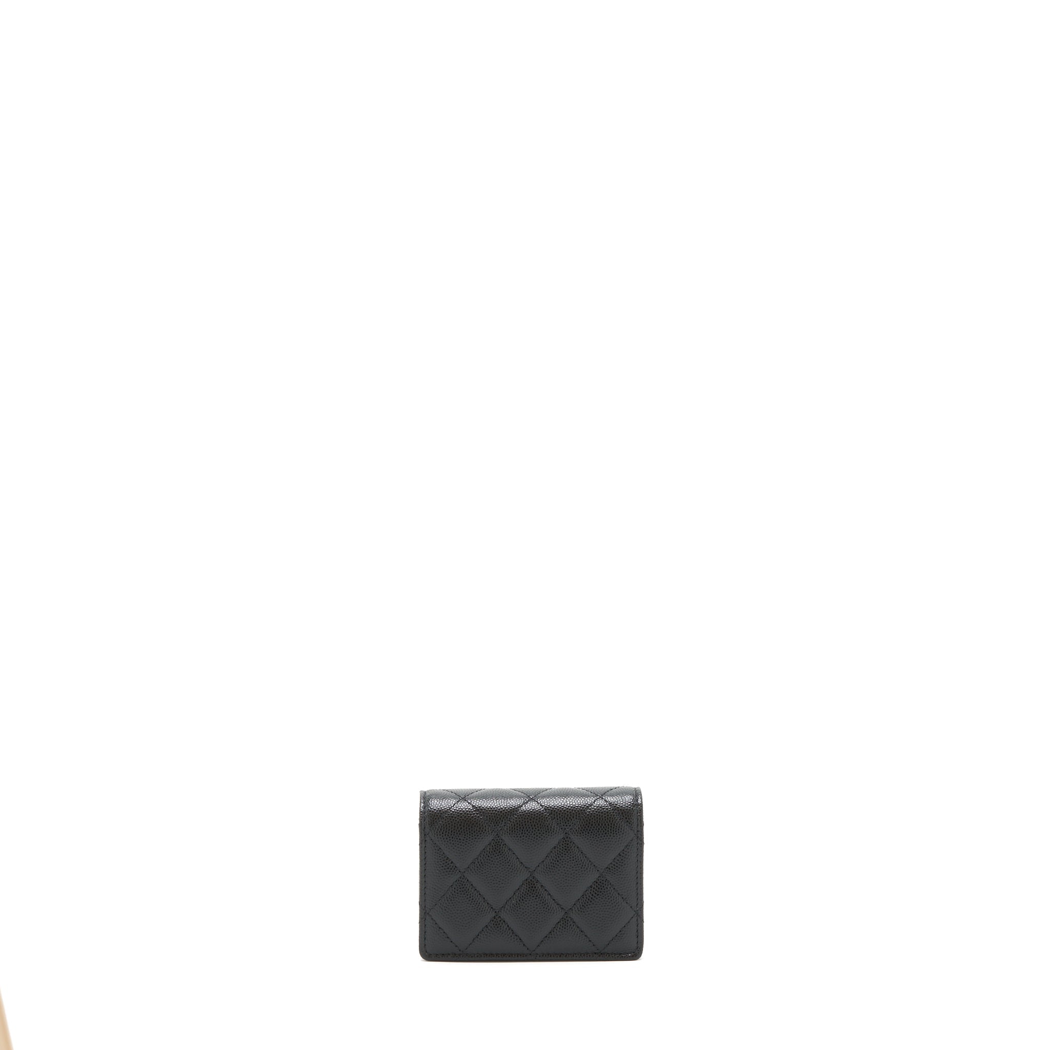 CHANEL CAVIAR CARD HOLER WITH CHAIN AND BAG CHARM BLACK LGHW