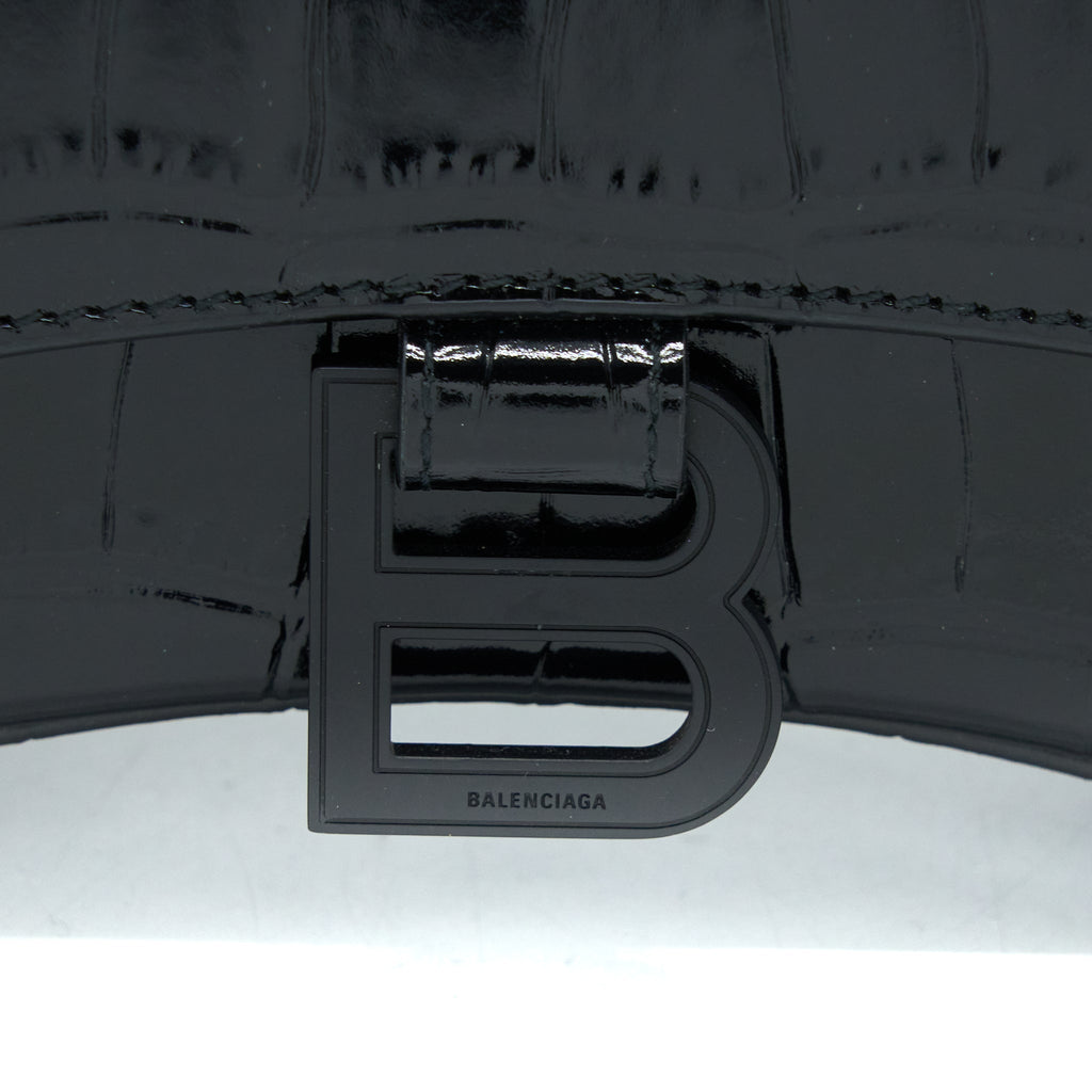 BALENCIAGA HOURGLASS XS CROC-EMBOSSED LEATHER BLACK WITH BLACK HARDWARE