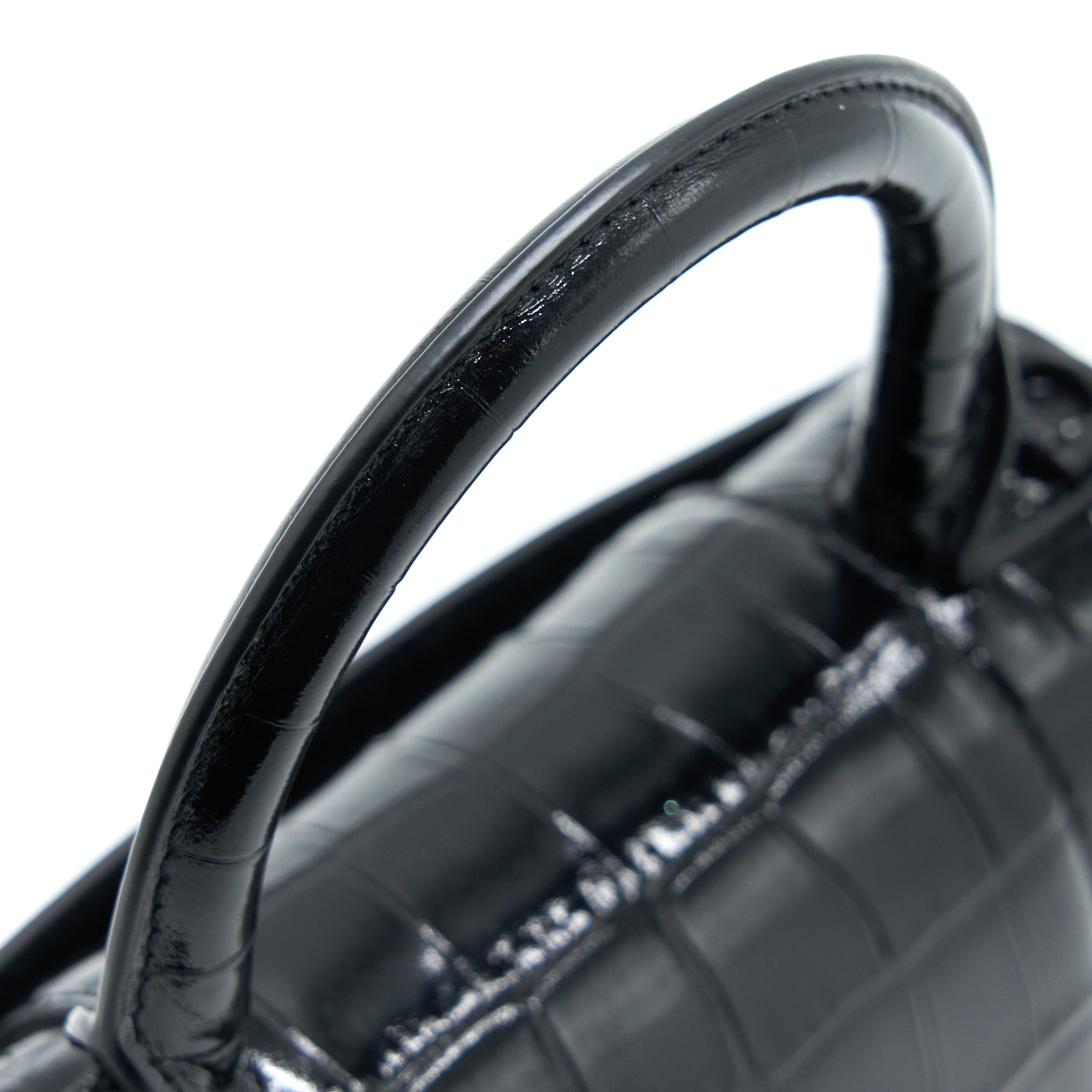 BALENCIAGA HOURGLASS XS CROC-EMBOSSED LEATHER BLACK WITH BLACK HARDWARE