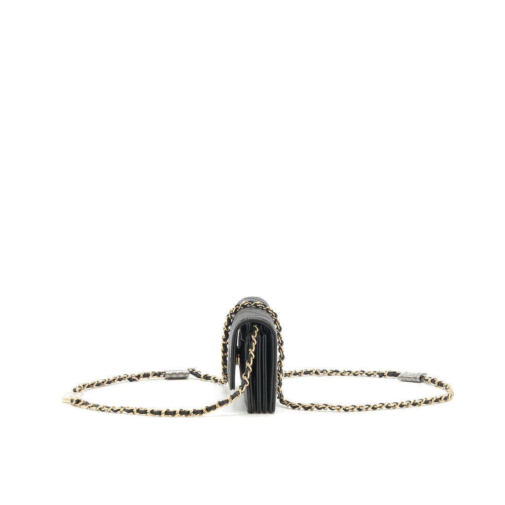 CHANEL CAVIAR CARD HOLER WITH CHAIN AND BAG CHARM BLACK LGHW