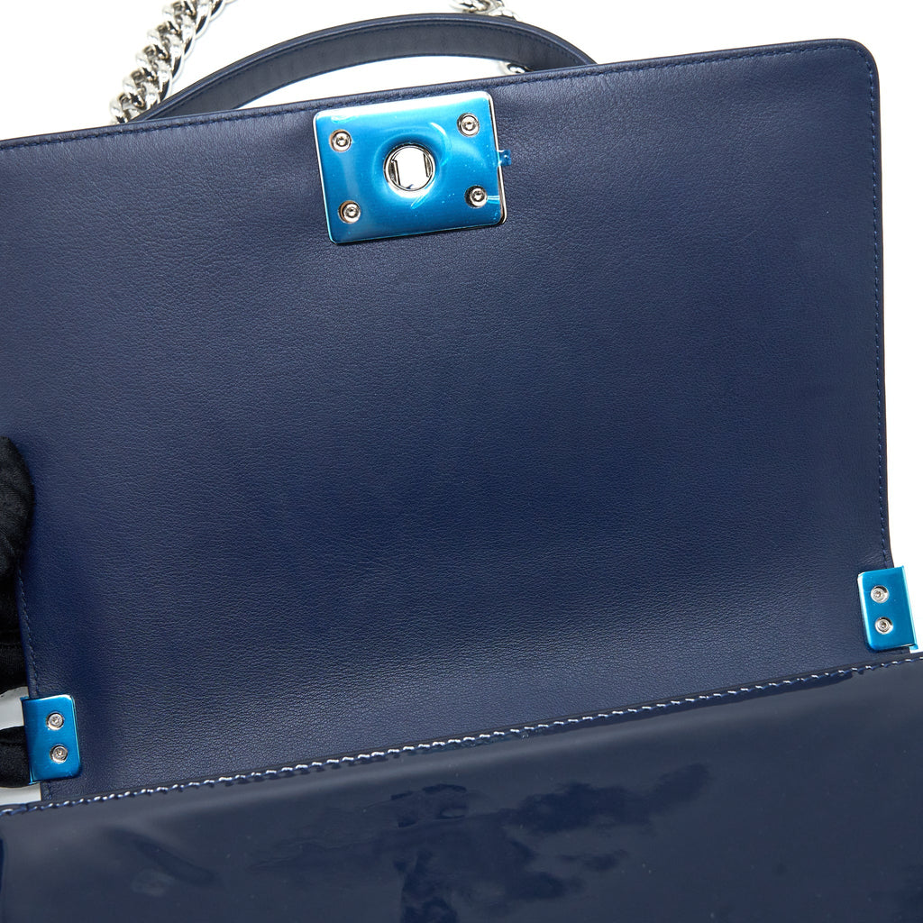 CHANEL MEDIUM BOY BAG PATENT NAVY SHW