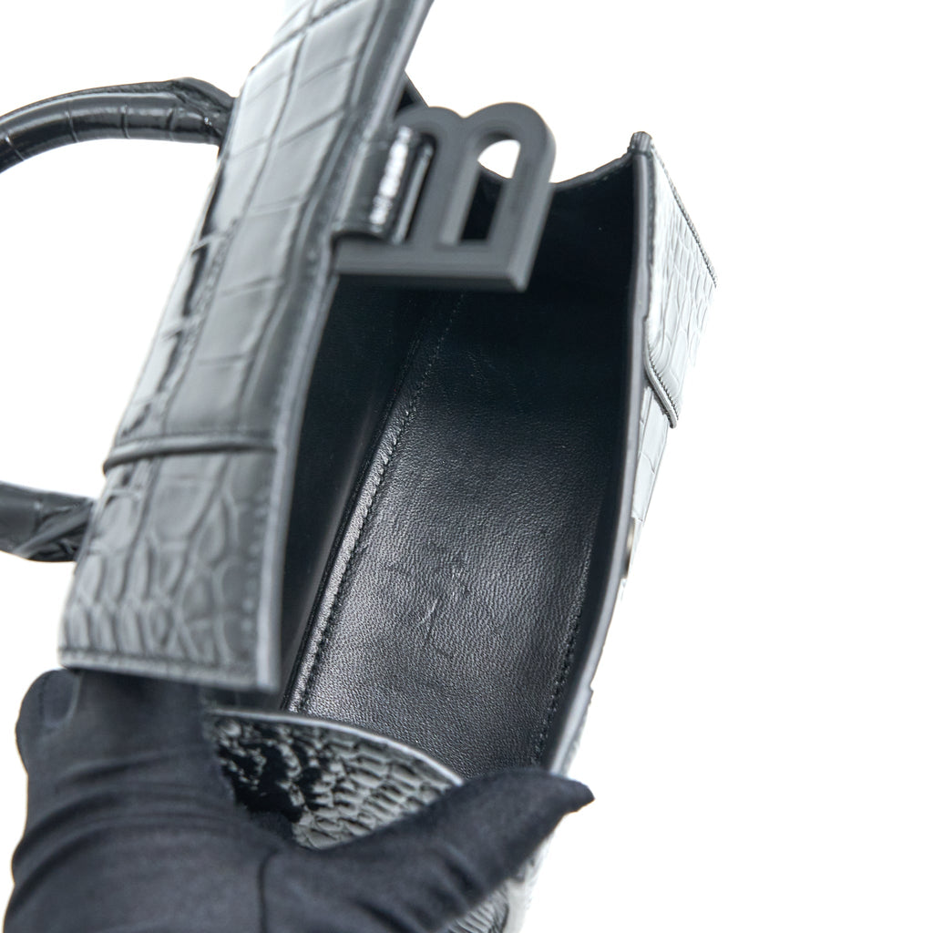 BALENCIAGA HOURGLASS XS CROC-EMBOSSED LEATHER BLACK WITH BLACK HARDWARE