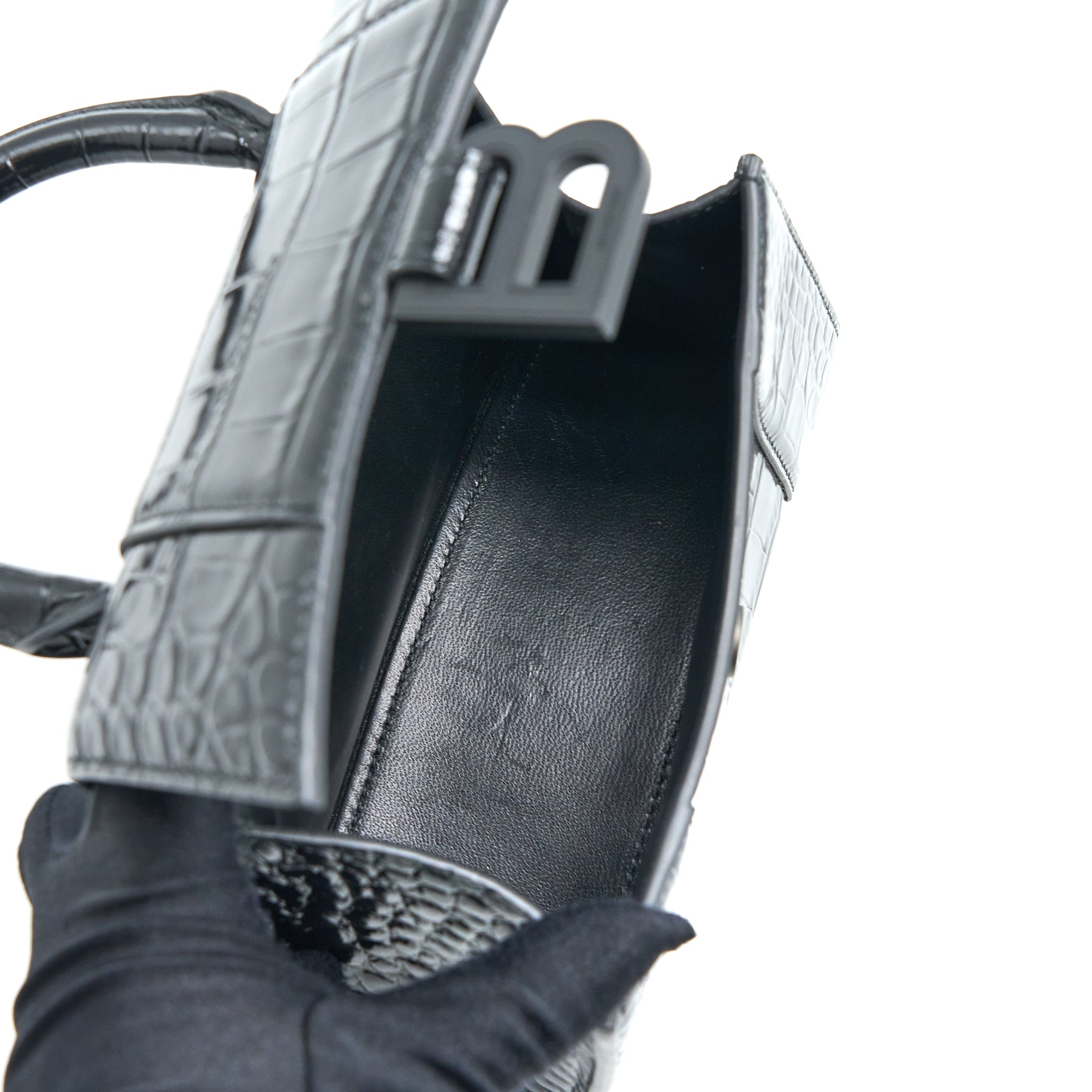 BALENCIAGA HOURGLASS XS CROC-EMBOSSED LEATHER BLACK WITH BLACK HARDWARE