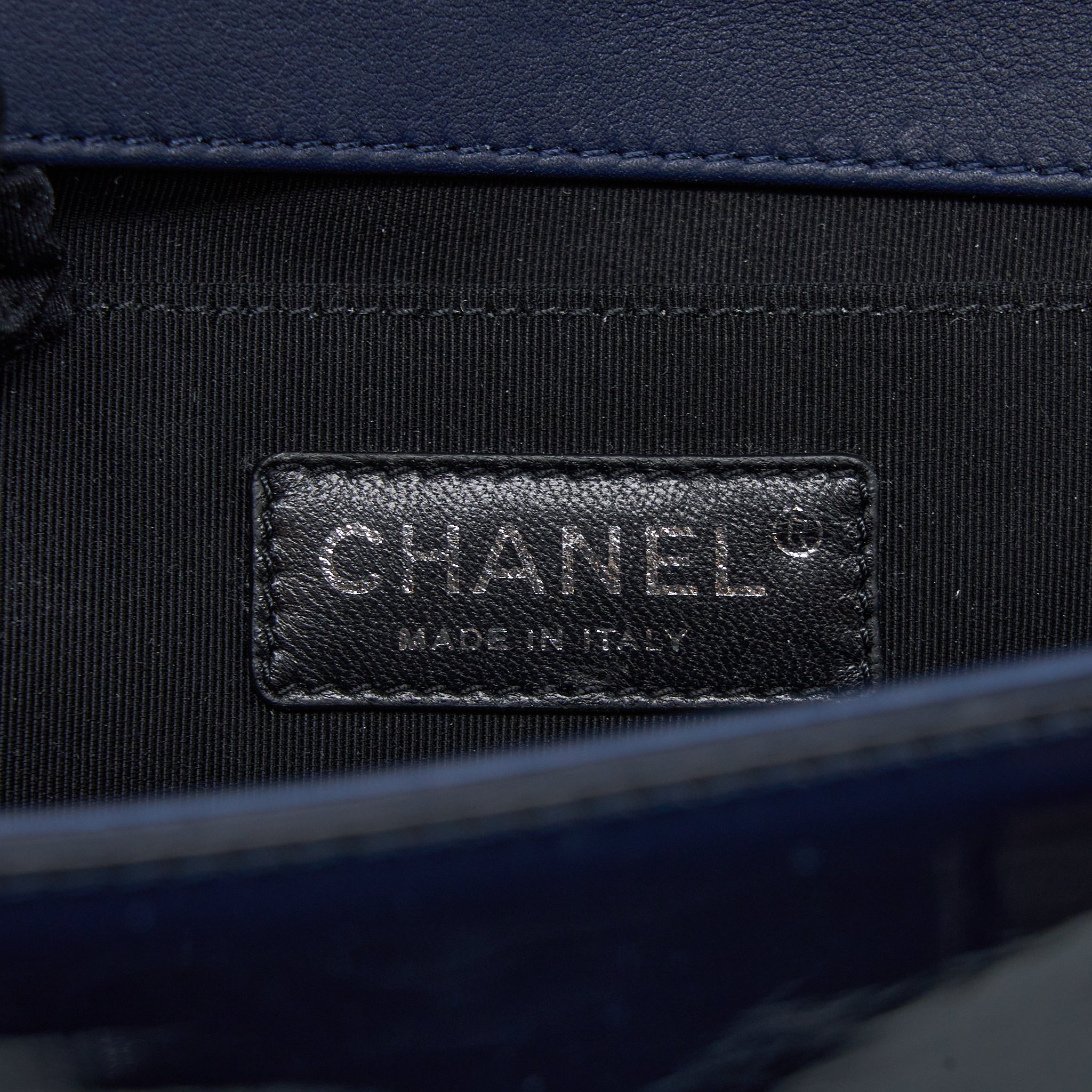 CHANEL MEDIUM BOY BAG PATENT NAVY SHW