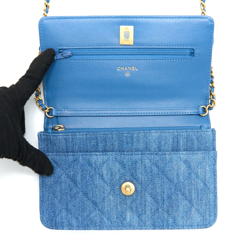 CHANEL PEARL CRUSH WALLET ON CHAIN DENIM GHW (MICROCHIP)