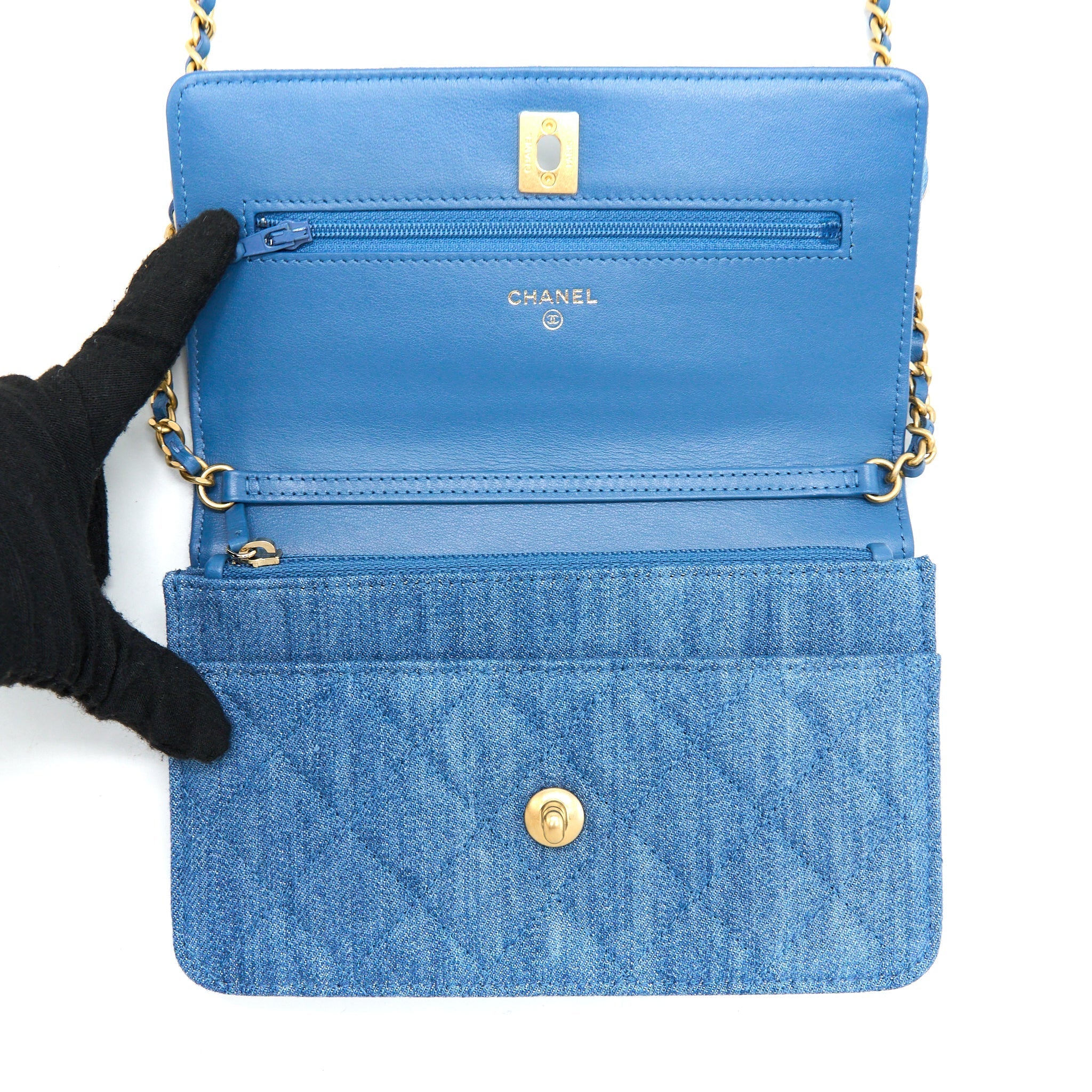CHANEL PEARL CRUSH WALLET ON CHAIN DENIM GHW (MICROCHIP)