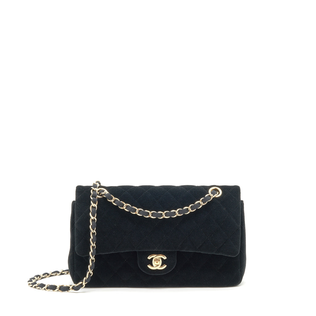 CHANEL VELVET MEDIUM CLASSIC DOUBLE FLAP BAG VELVET BLACK LGHW