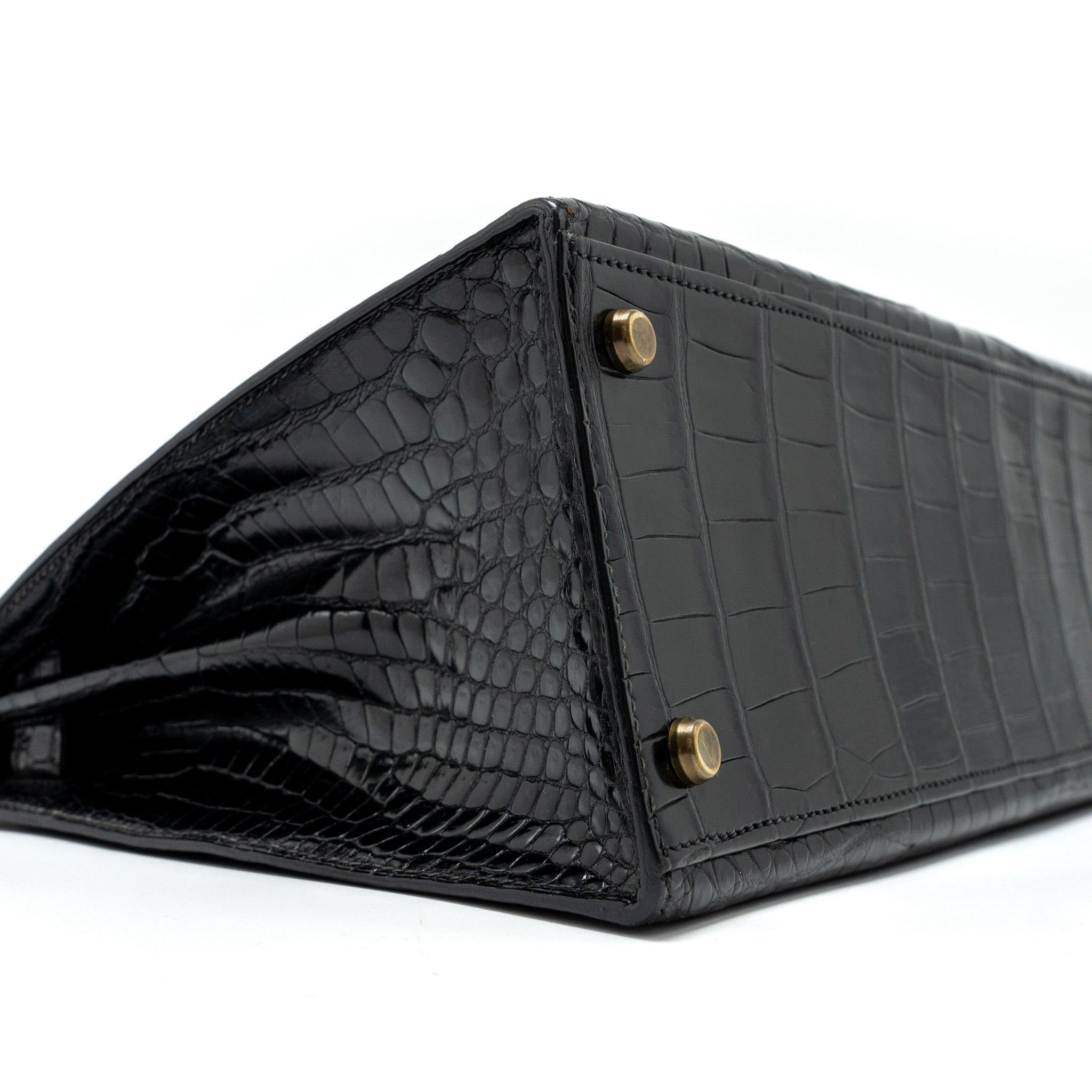 HERMES KELLY 32 SHINY CROCODILE POROSUS BLACK GHW