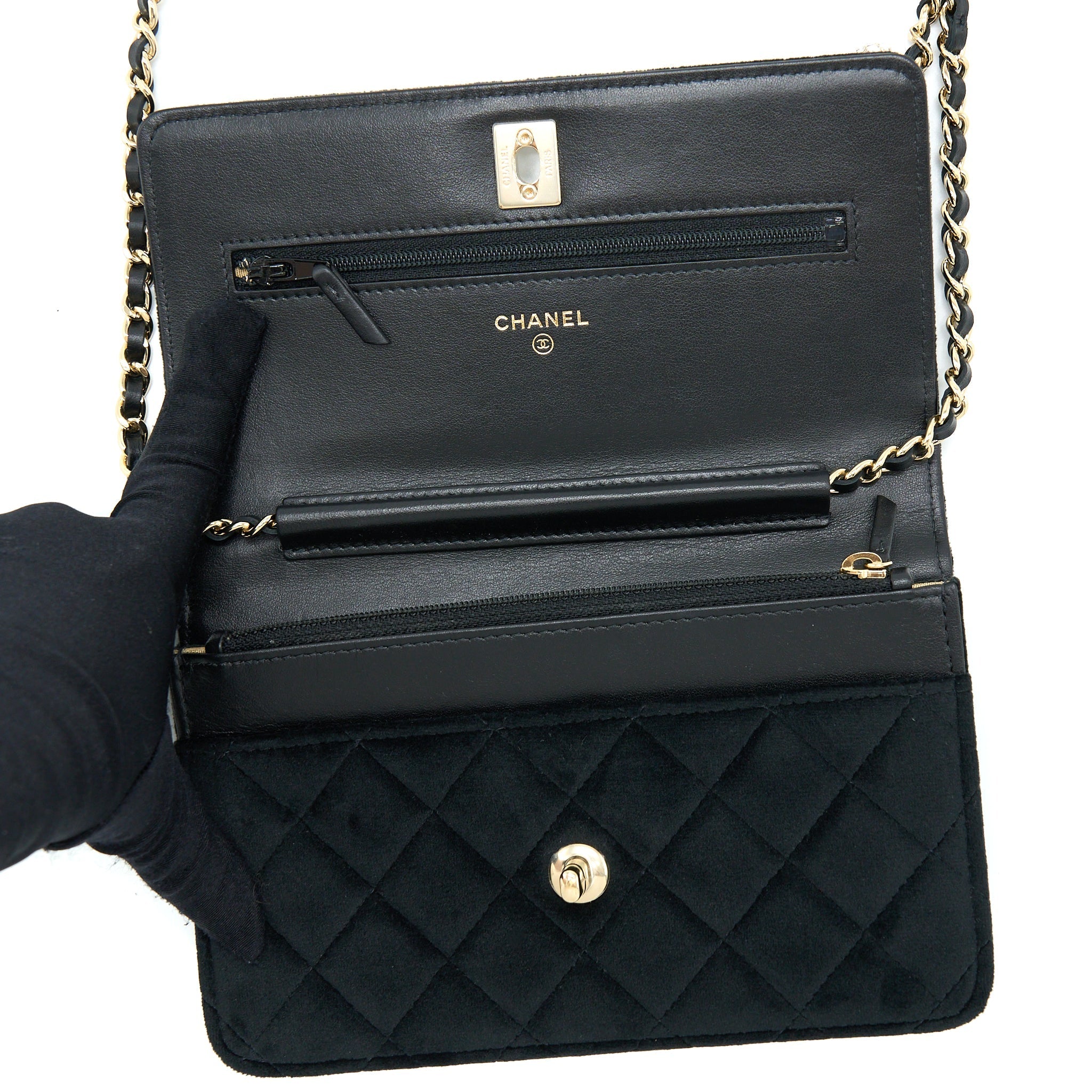 CHANEL VELVET PEARL CRUSH WALLET ON CHAIN BLACK LGHW