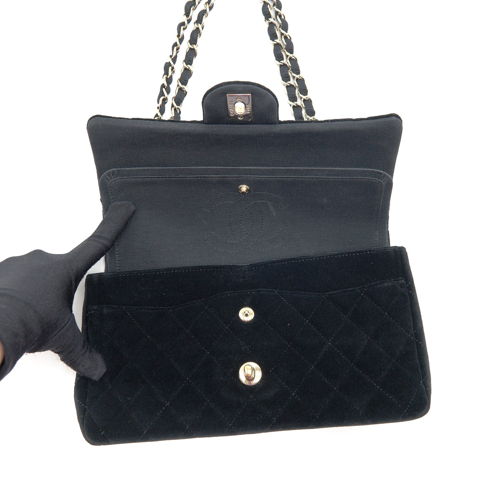 CHANEL VELVET MEDIUM CLASSIC DOUBLE FLAP BAG VELVET BLACK LGHW