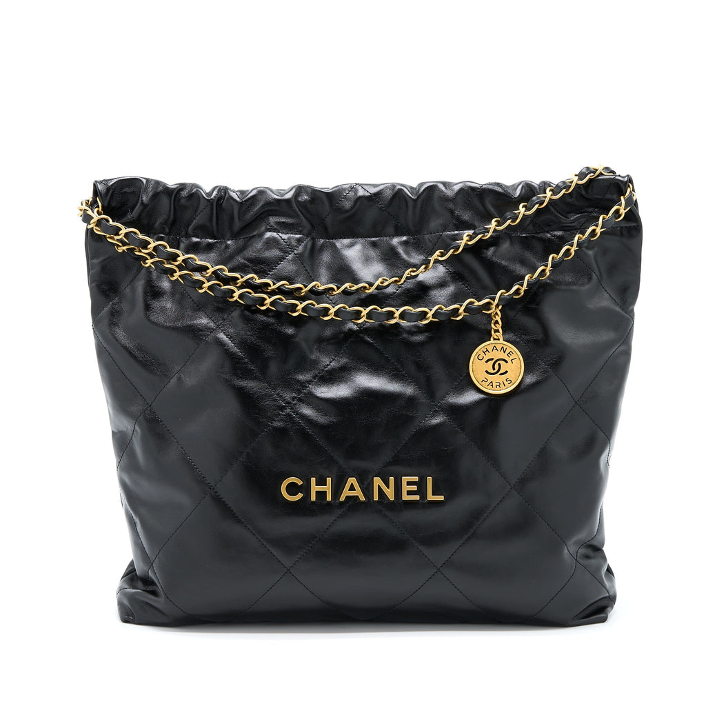 CHANEL 22 BAG MEDIUM SHINY CALFSKIN BLACK IN GOLD LETTER GHW (MICROCHIP)