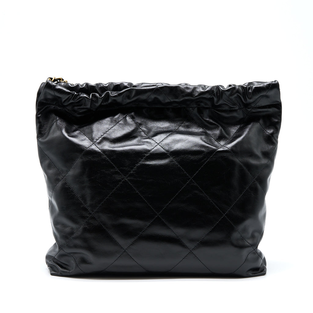 CHANEL 22 BAG MEDIUM SHINY CALFSKIN BLACK IN GOLD LETTER GHW (MICROCHIP)