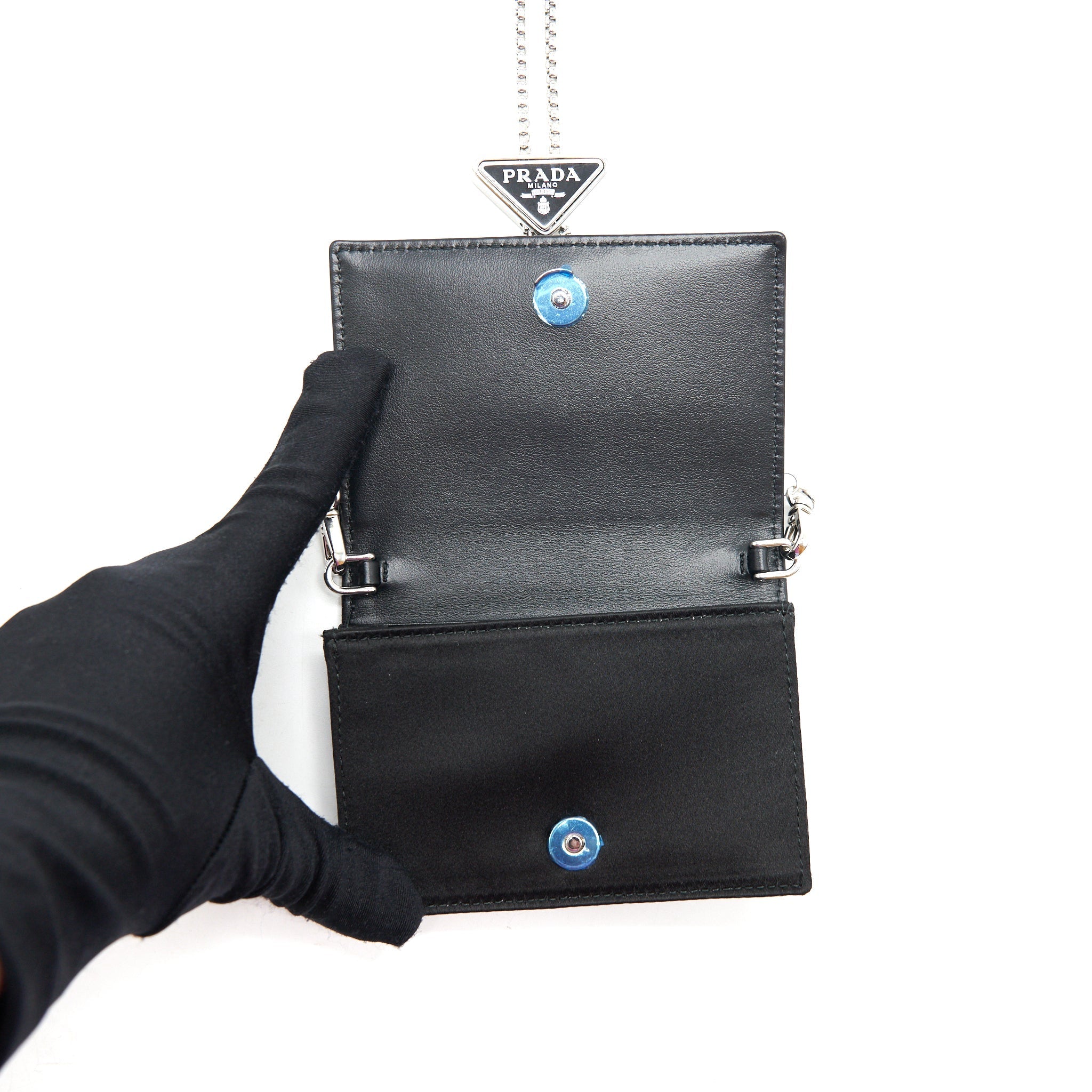 PRADA CRYSTAL CARD HOLDER WITH CHAIN BLACK