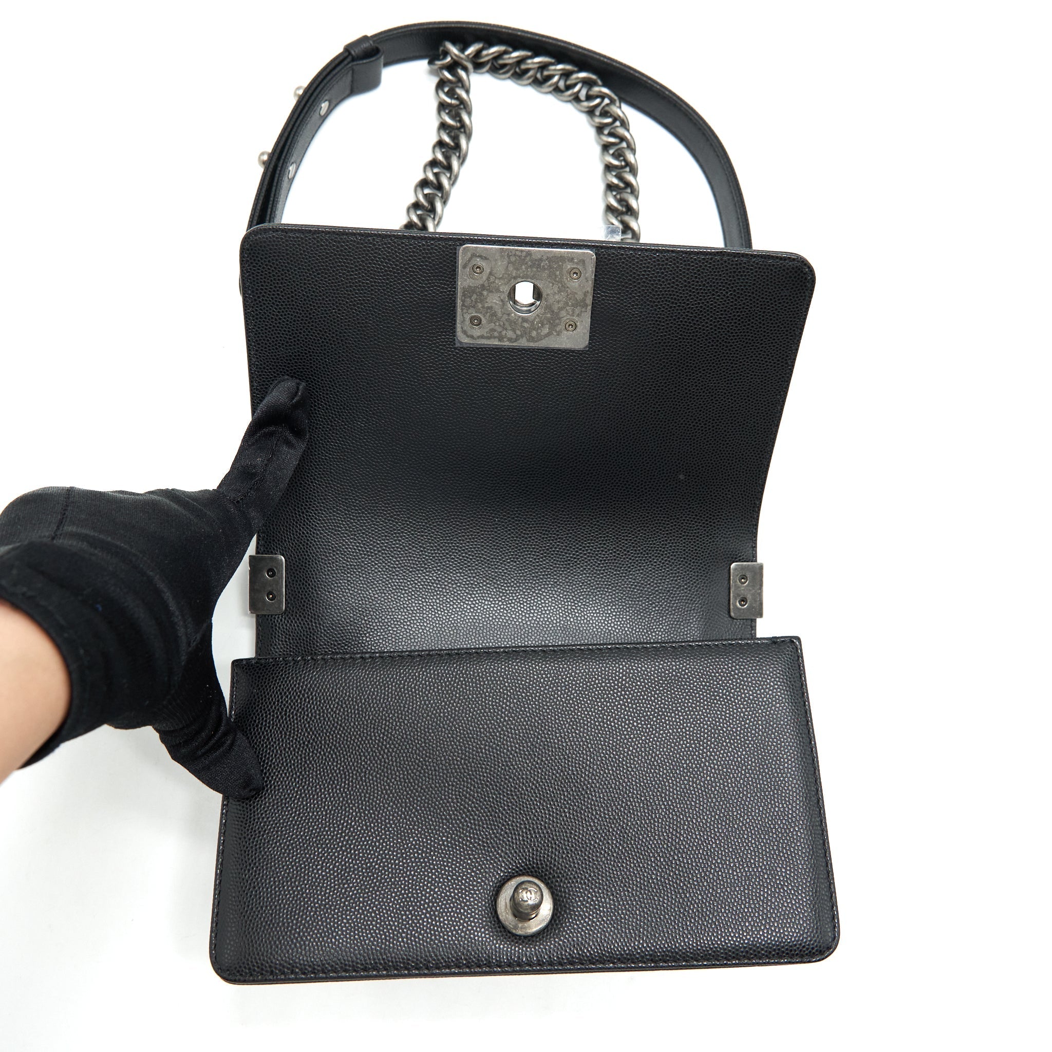 CHANEL SMALL BOY BAG CAVIAR BLACK RUTHENIUM HARDWARE (MICROCHIP)