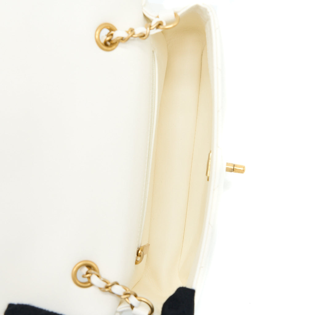 CHANEL QUILTED FLAP BAG WITH HEART CHARM CHAIN LAMBSKIN WHITE GHW(MICROCHIP)