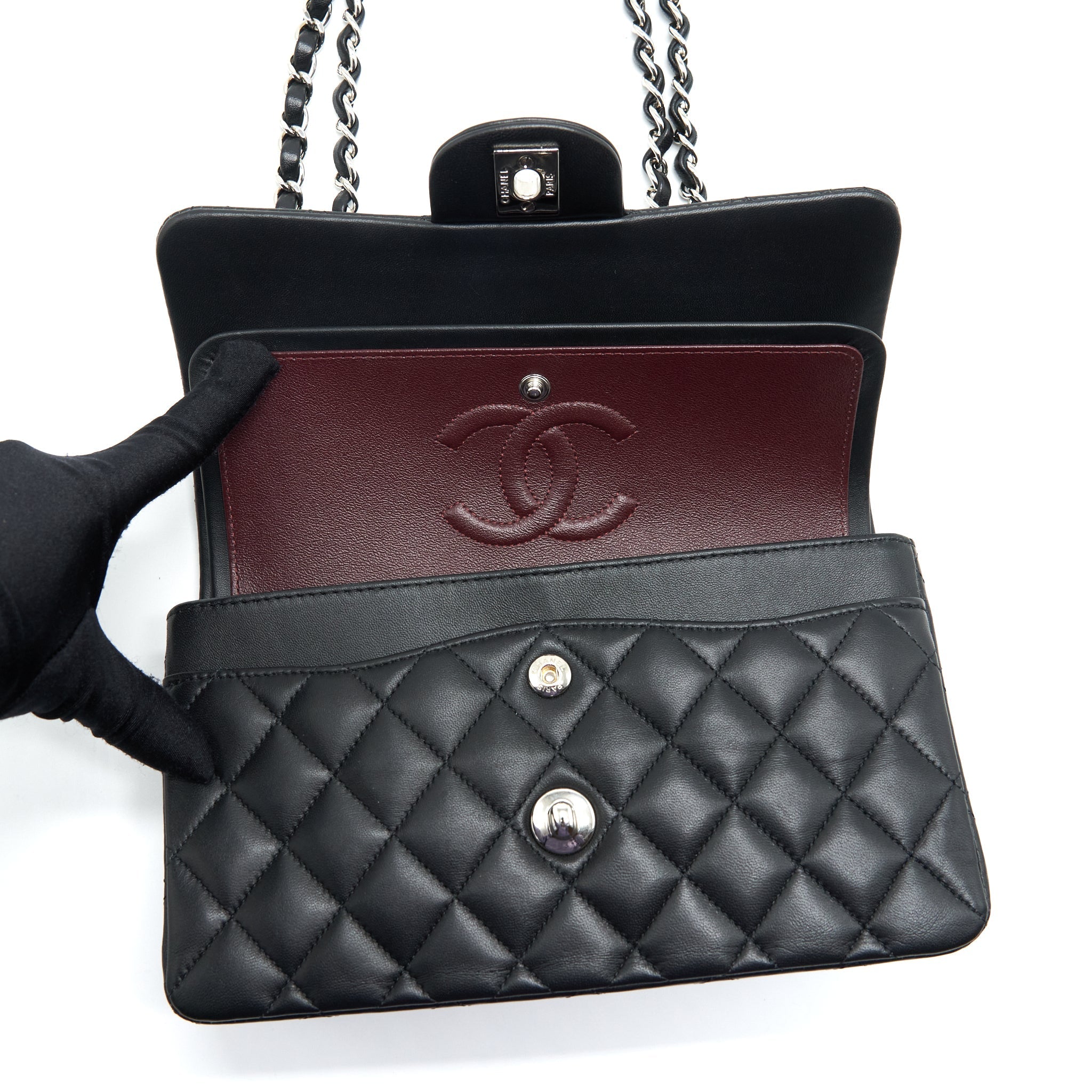 CHANEL SMALL CLASSIC DOUBLE FLAP BAG LAMBSKIN BLACK SHW