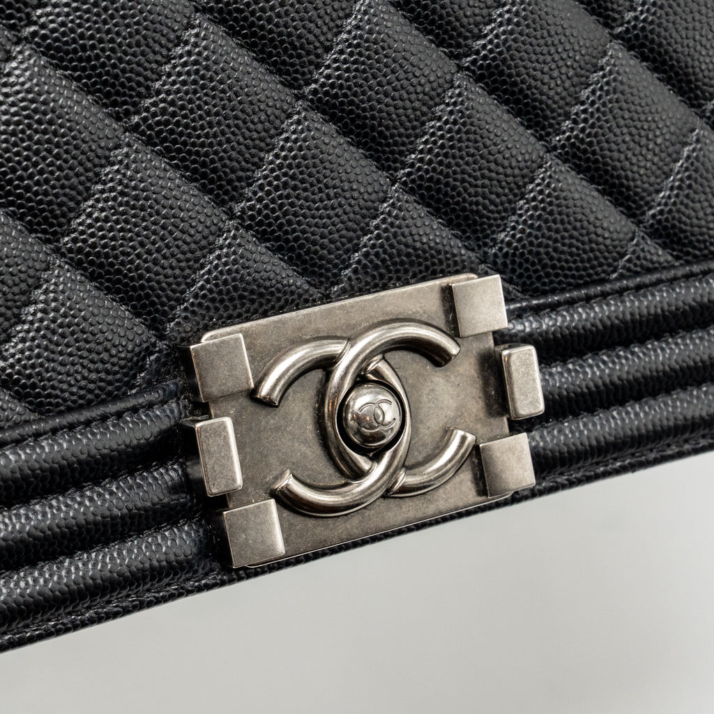CHANEL MEDIUM BOY BAG CAVIAR BLACK RUTHENIUM SILVER HARDWARE