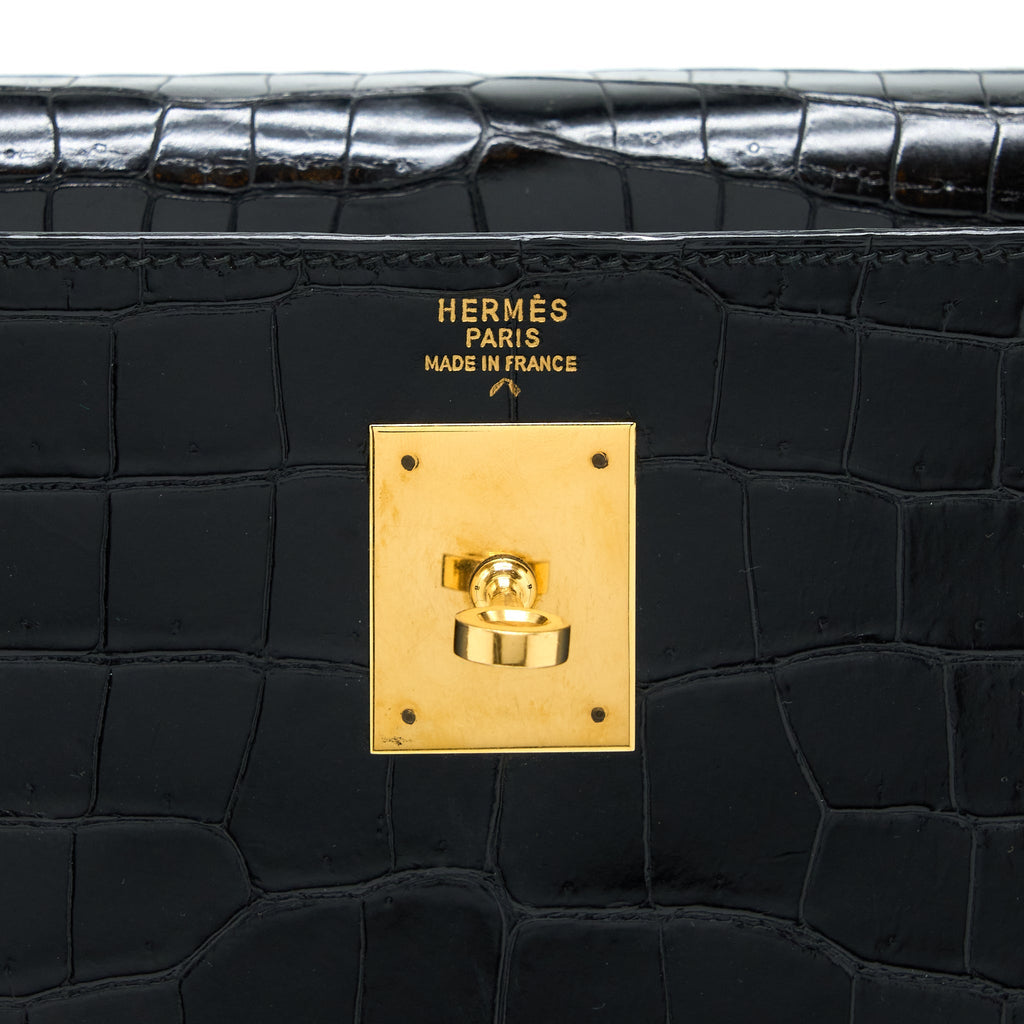 HERMES VINTAGE KELLY 32 SHINY CROCODILE POROSUS BLACK GHW