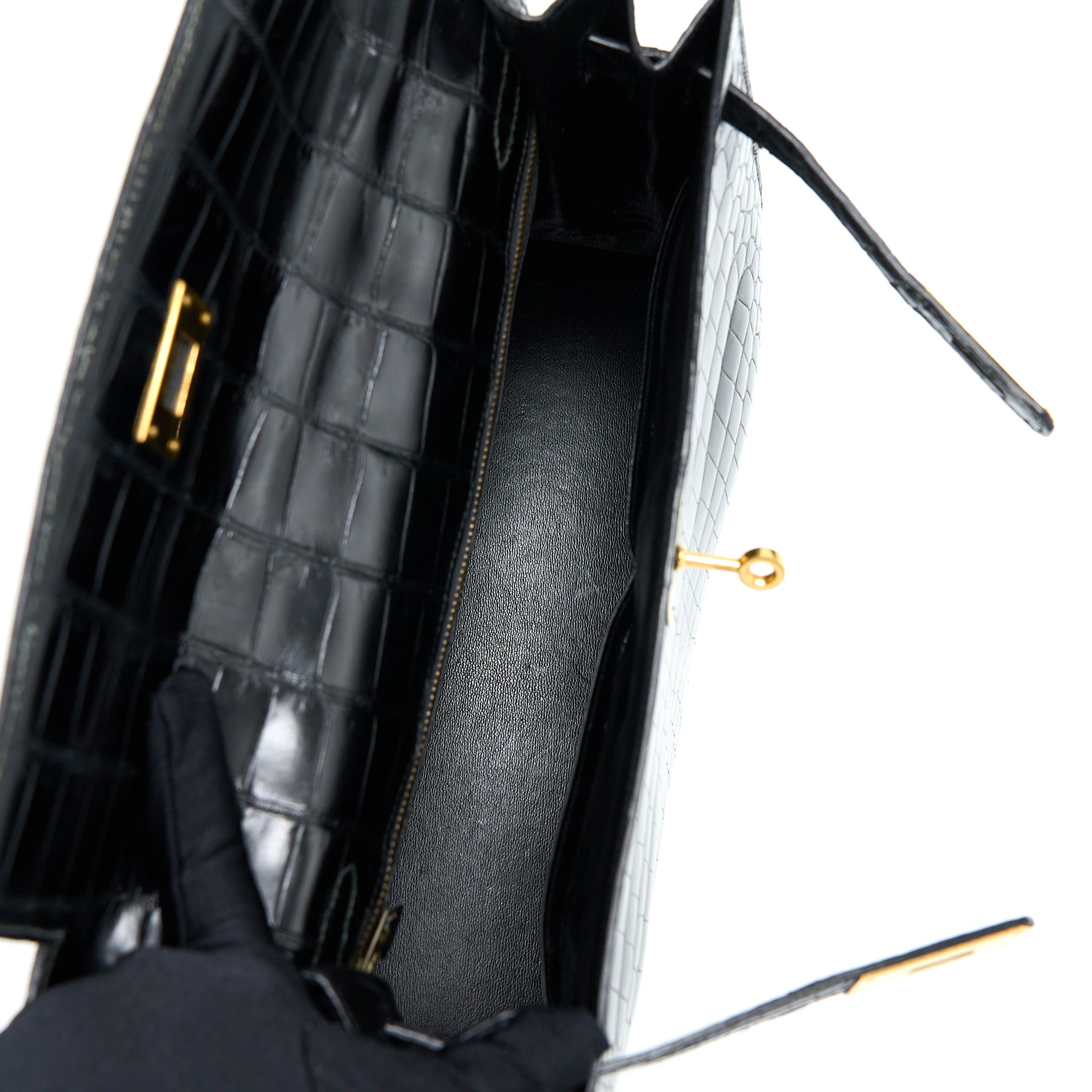 HERMES VINTAGE KELLY 32 SHINY CROCODILE POROSUS BLACK GHW