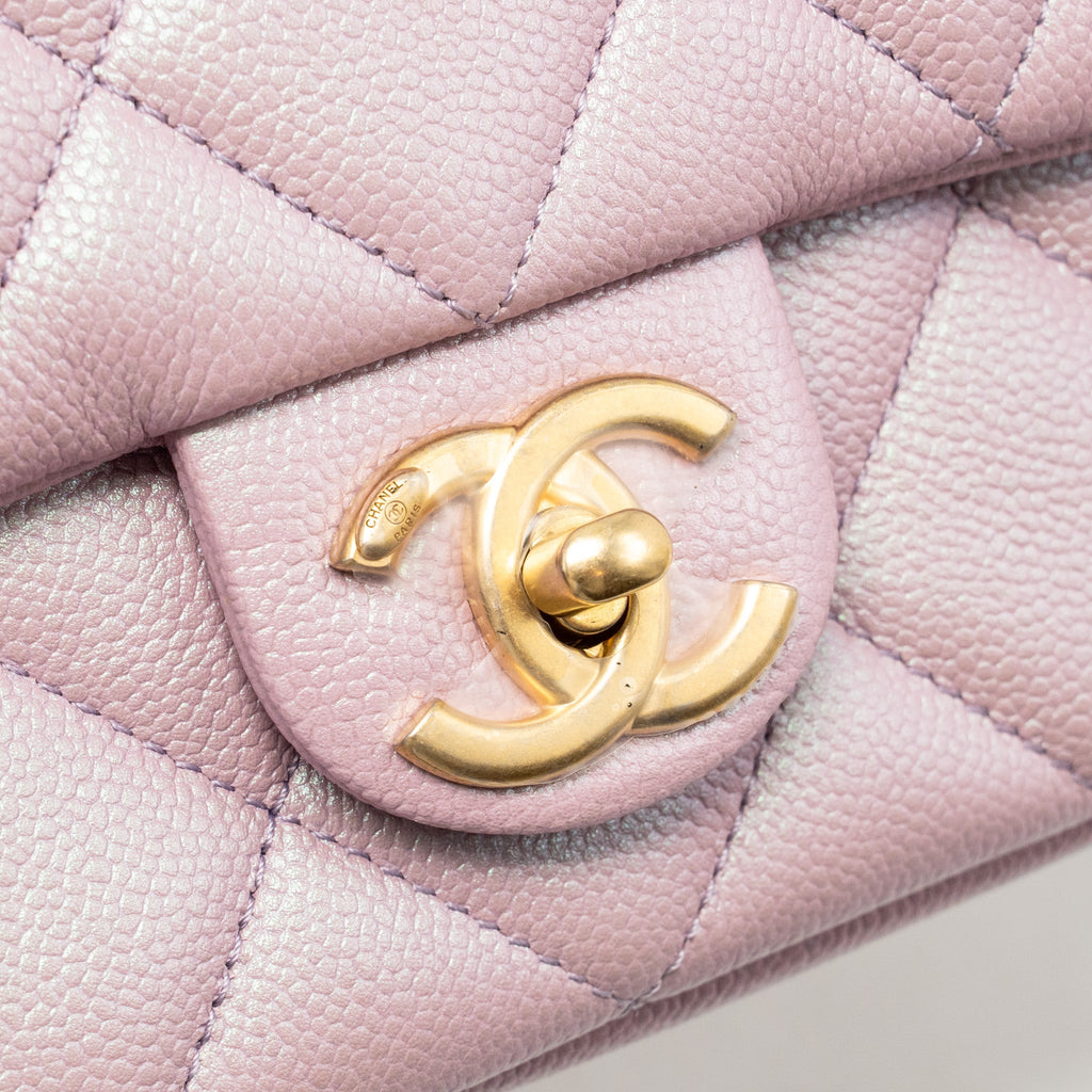 CHANEL 21K MY PERFECT MINI FLAP BAG CAVIAR IRIDESCENT PINK GHW (MICROCHIP)