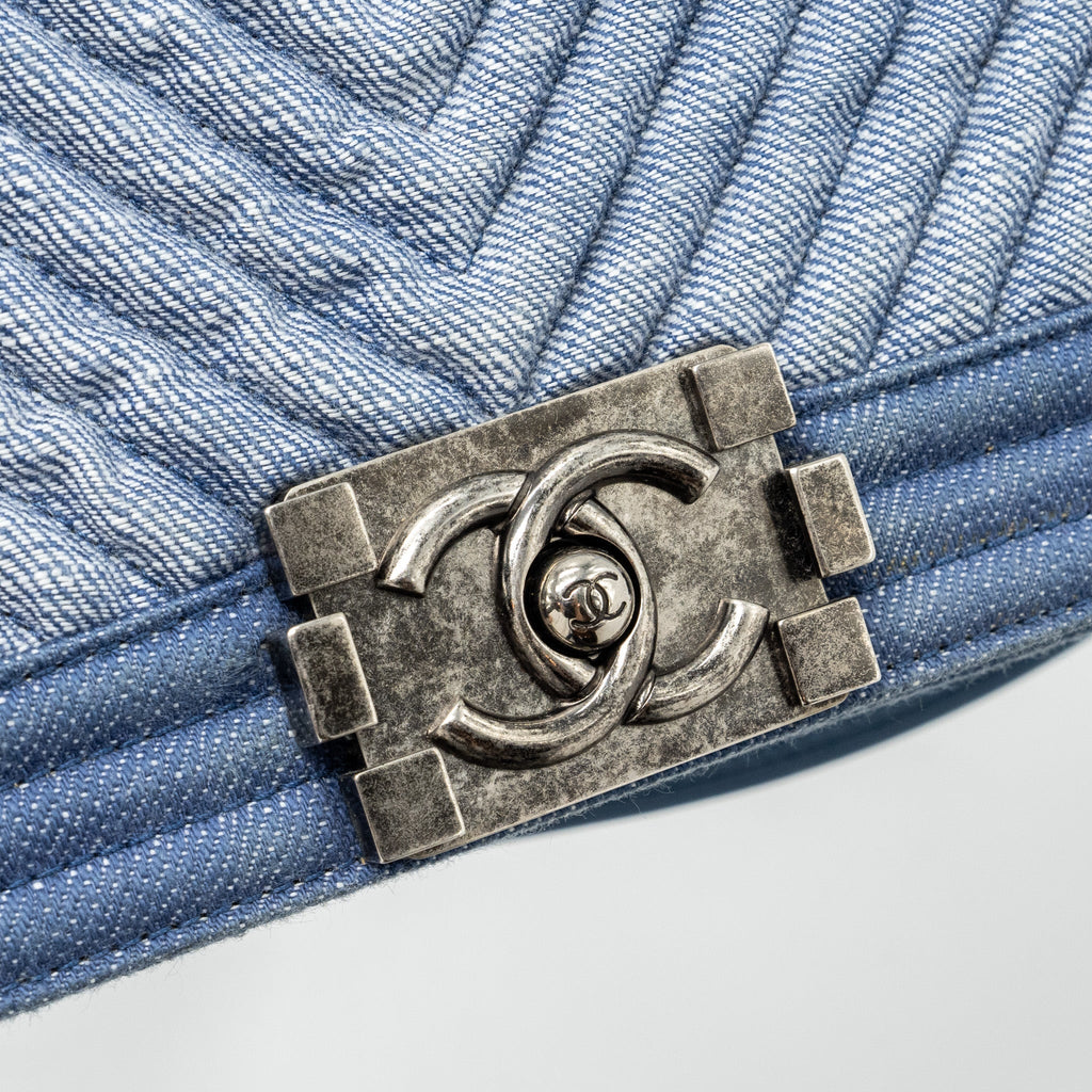 CHANEL MEDIUM BOY BAG DENIM BLUE RUTHENIUM SILVER HARDWARE