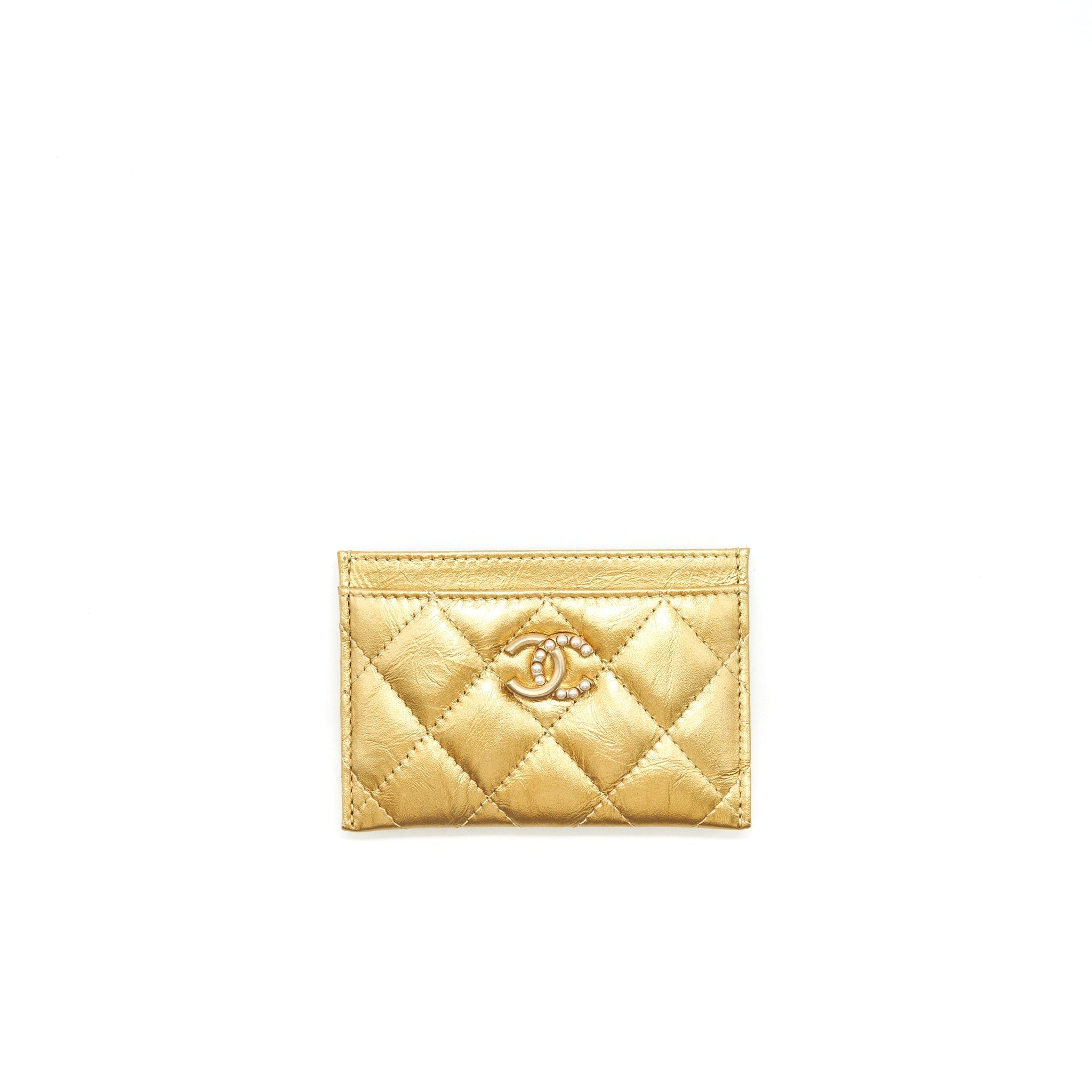 CHANEL QUILTED CARD HOLDER LAMBSKIN GOLD COLOUR WITH GOLD AND PEARL CC LOGO