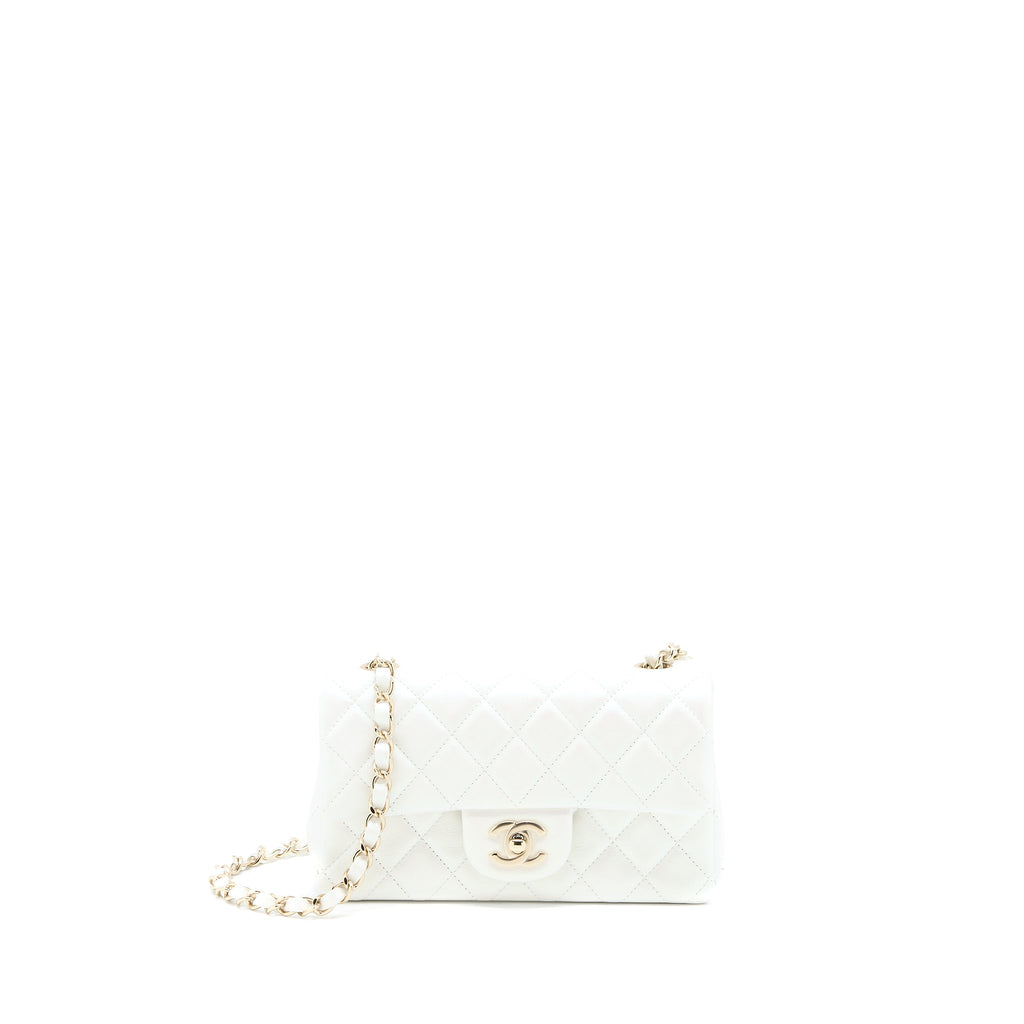 CHANEL CLASSIC MINI RECTANGULAR FLAP BAG CALFSKIN IRIDESCENT WHITE LGHW