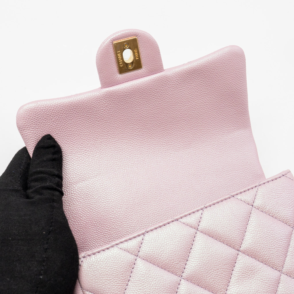 CHANEL 21K MY PERFECT MINI FLAP BAG CAVIAR IRIDESCENT PINK GHW (MICROCHIP)