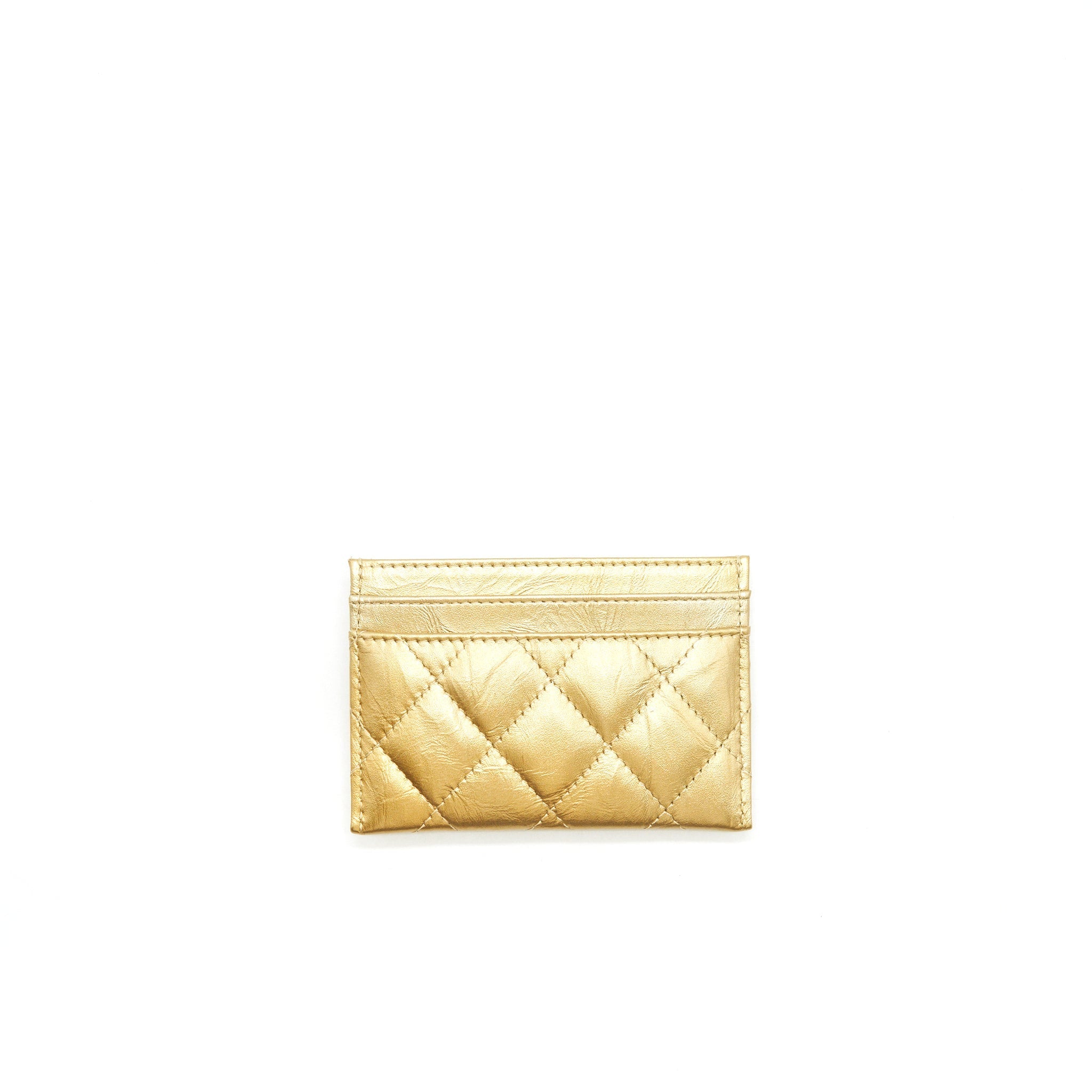 CHANEL QUILTED CARD HOLDER LAMBSKIN GOLD COLOUR WITH GOLD AND PEARL CC LOGO