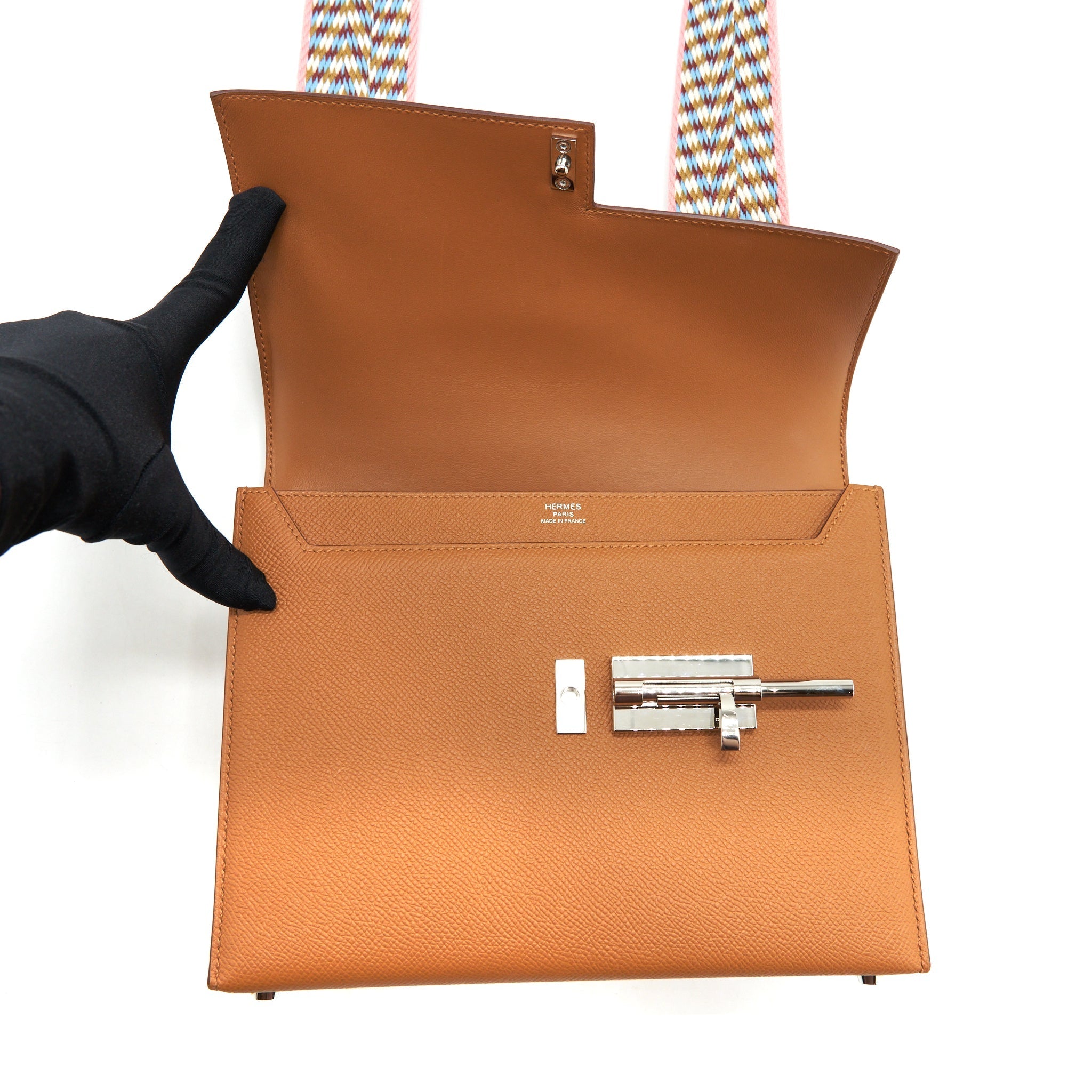 HERMES SAC VERROU 21 EPSOM GOLD SHW WITH MULTICOLOUR STRAP
